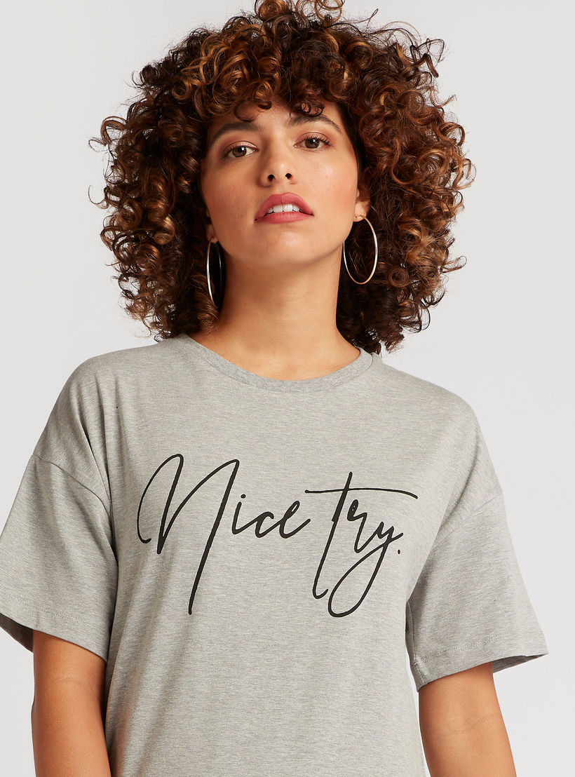 Typographic Print Longline T-shirt with Short Sleeves-women-clothing-tshirts-image-3