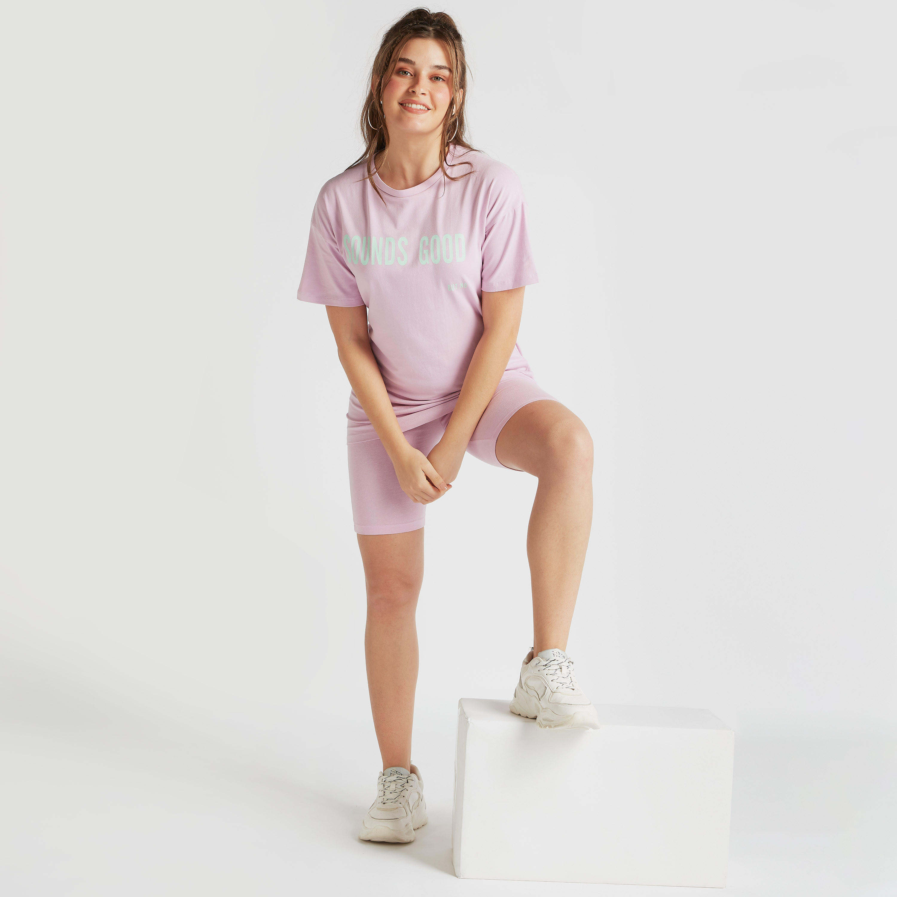 Typographic Print Crew Neck Longline T-shirt with Short Sleeves-women-clothing-tshirts-image-2