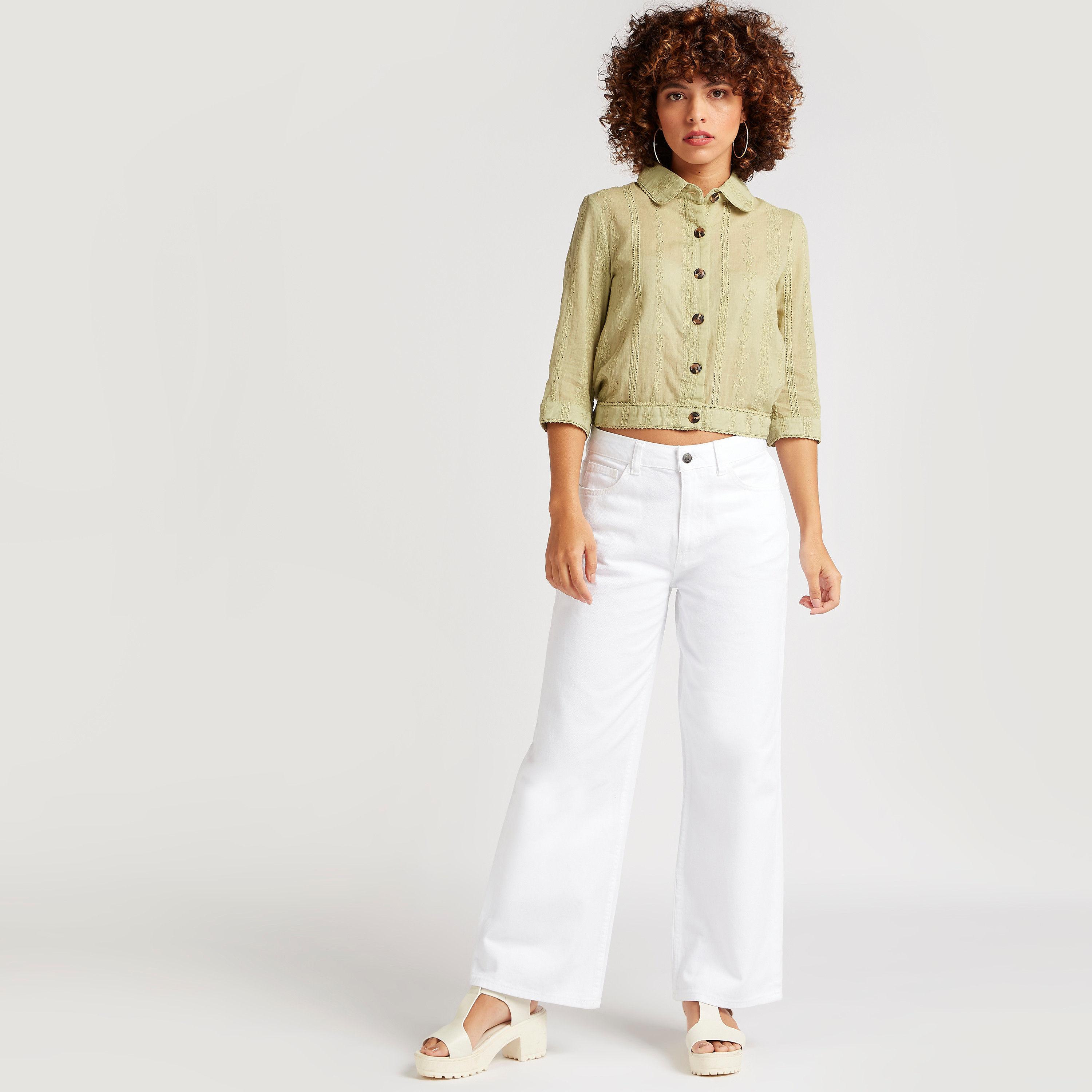 قميص قصير مطرز بأكمام 3/4 وحافة شبه مطاطية-women-clothing-shirtsandblouses-shirts-image-2