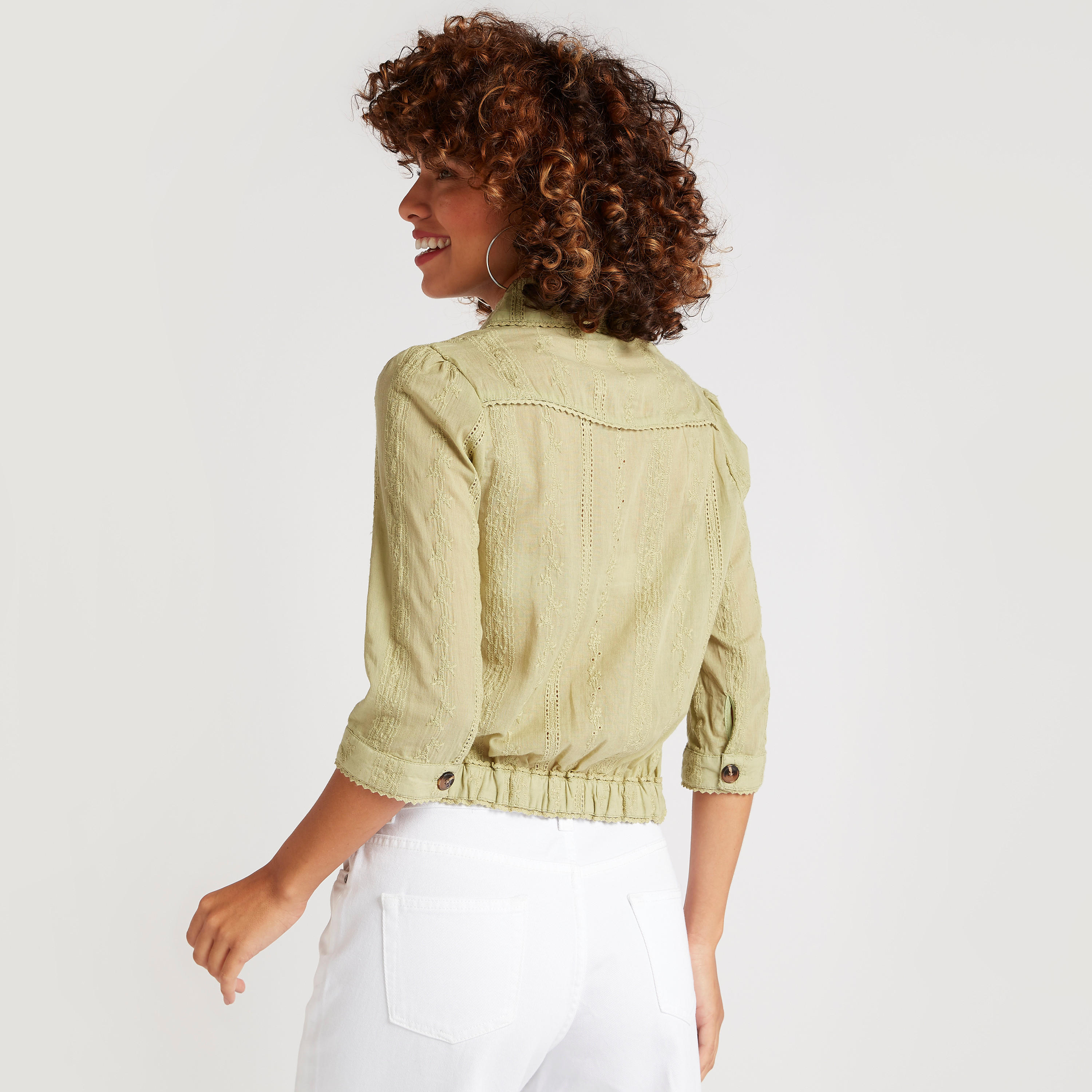 قميص قصير مطرز بأكمام 3/4 وحافة شبه مطاطية-women-clothing-shirtsandblouses-shirts-image-4