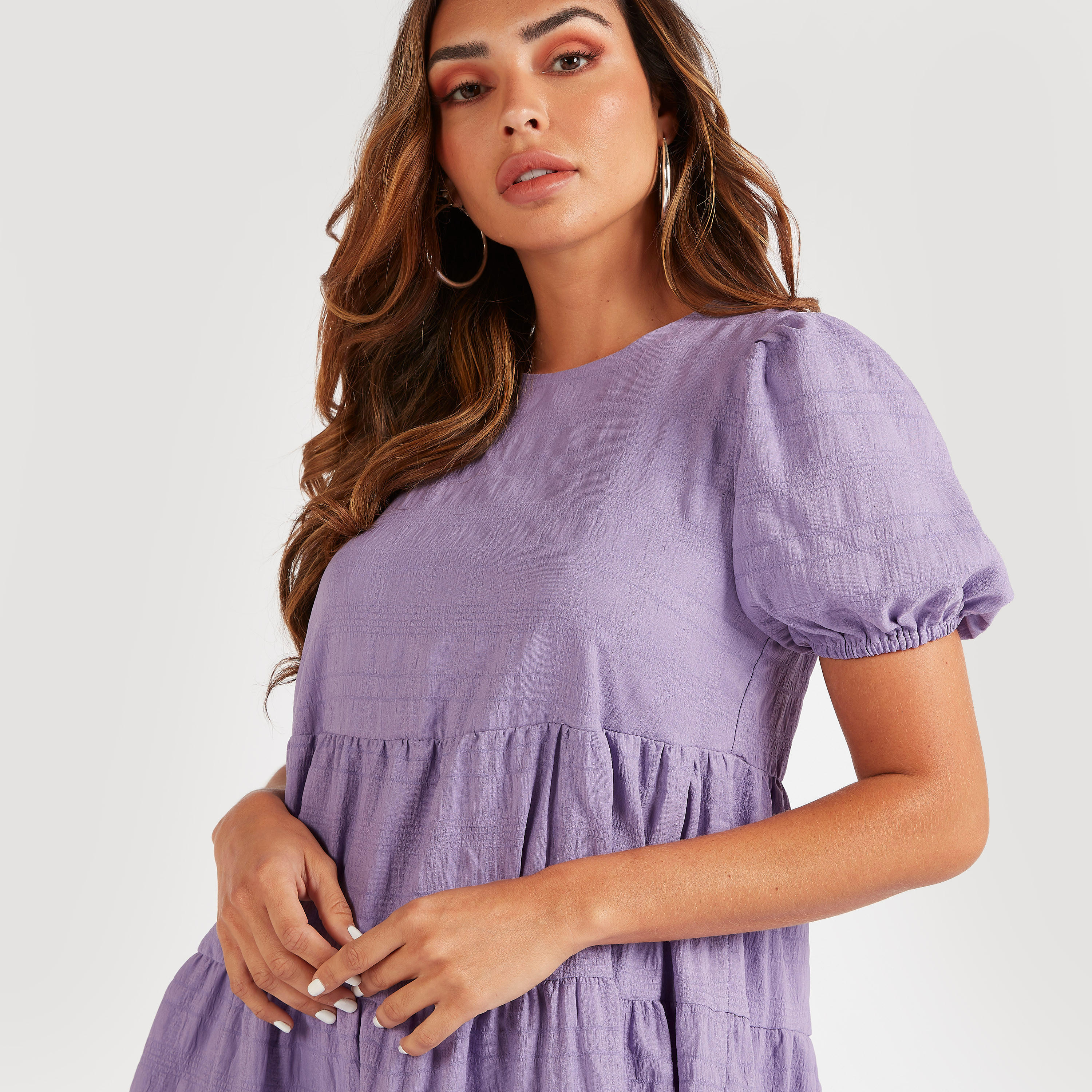 تونيك طبقات بارز الملمس بياقة مستديرة وأكمام منفوخة-women-clothing-shirtsandblouses-blouses-image-3