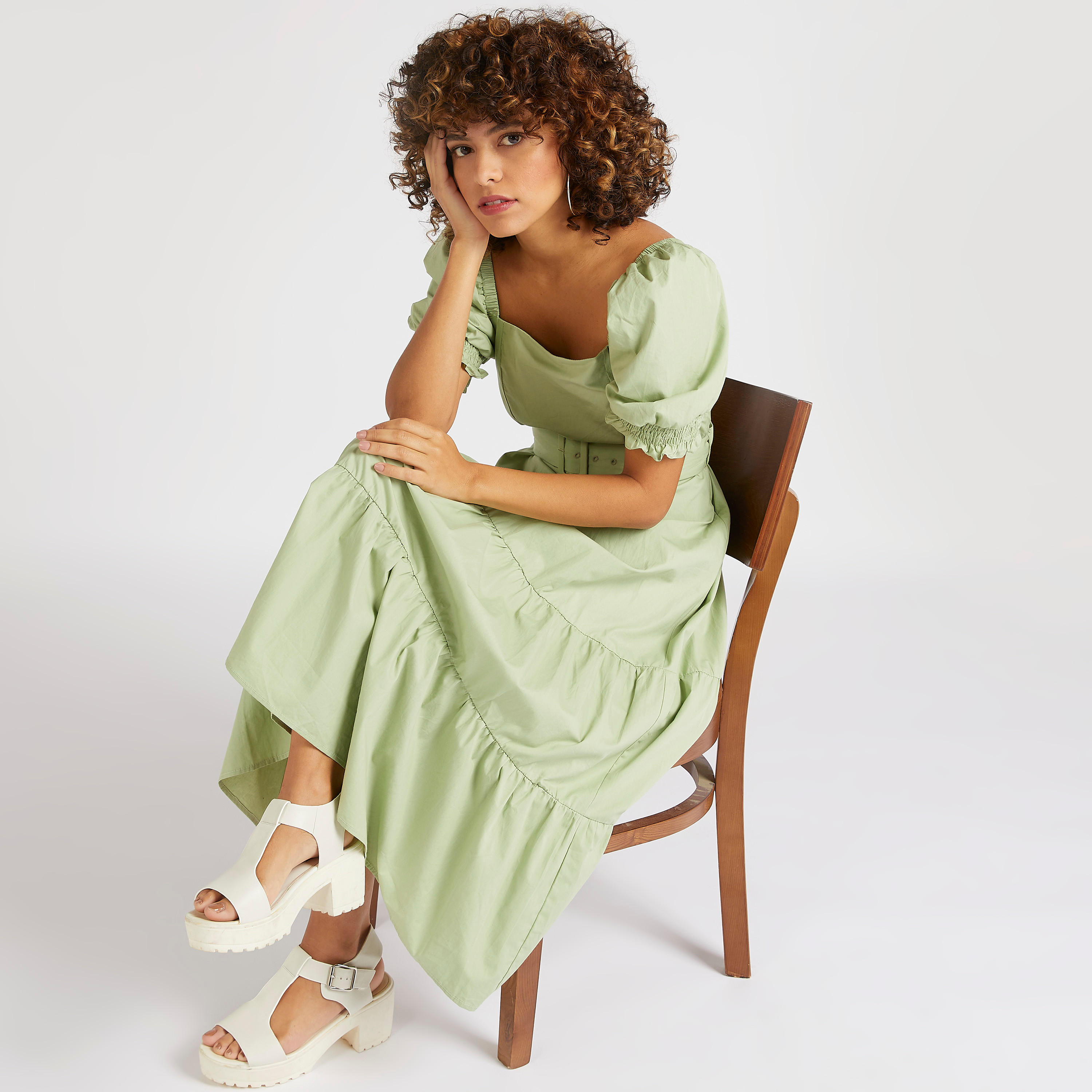 فستان سادة متوسط الطول بياقة مربعة مع حزام-women-clothing-dresses-image-6