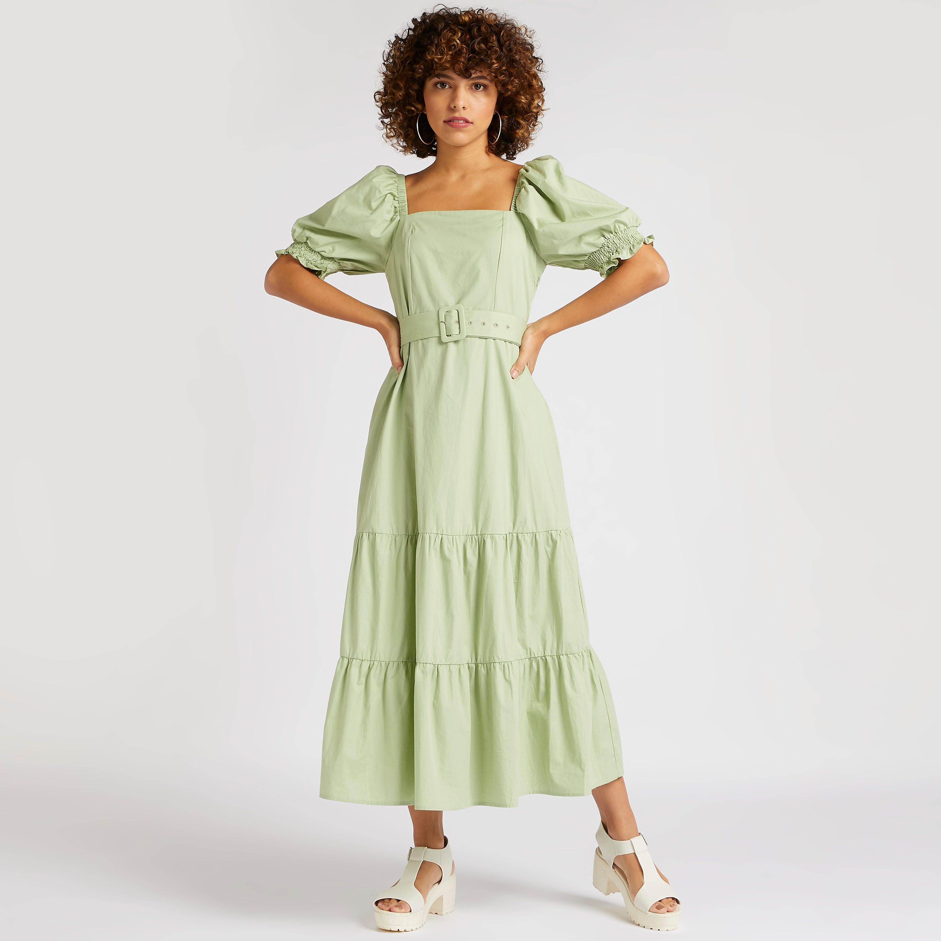 فستان سادة متوسط الطول بياقة مربعة مع حزام-women-clothing-dresses-image-5