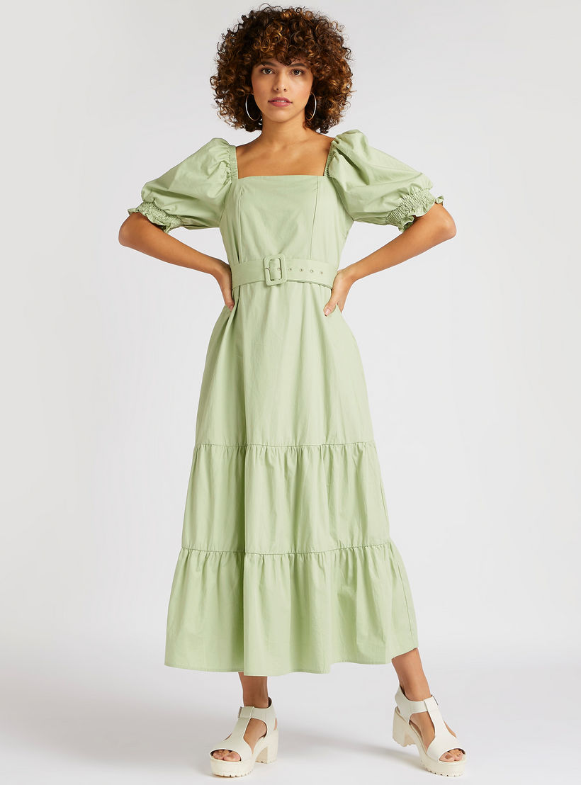 فستان سادة متوسط الطول بياقة مربعة مع حزام-women-clothing-dresses-image-5