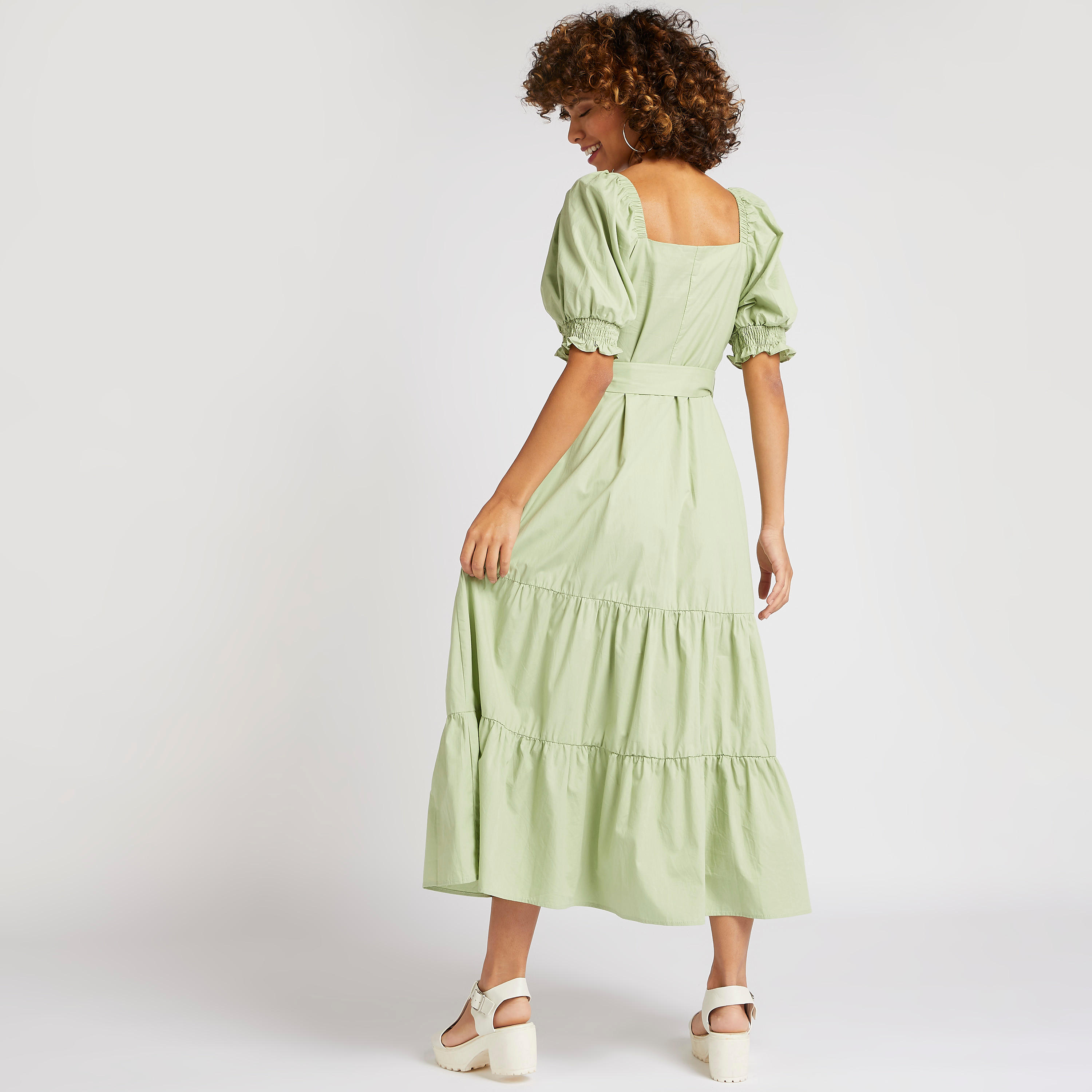 فستان سادة متوسط الطول بياقة مربعة مع حزام-women-clothing-dresses-image-3