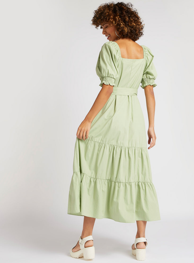 فستان سادة متوسط الطول بياقة مربعة مع حزام-women-clothing-dresses-image-3