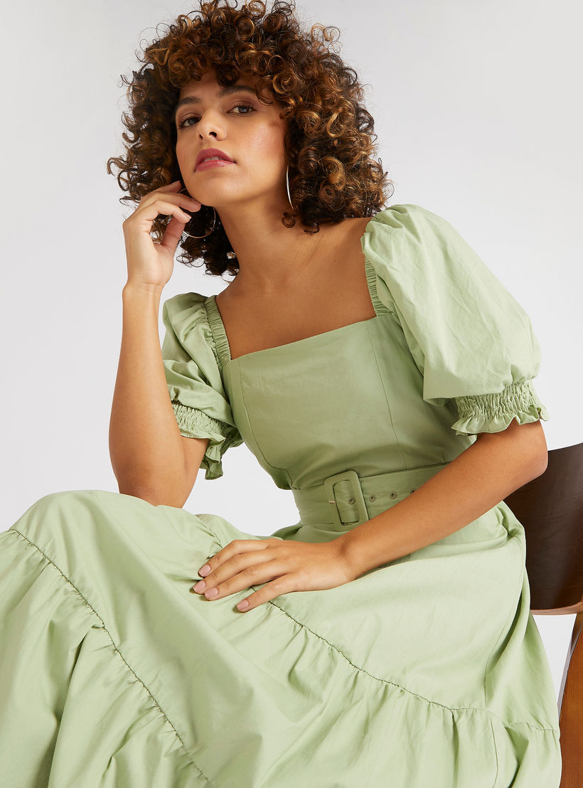 فستان سادة متوسط الطول بياقة مربعة مع حزام-women-clothing-dresses-image-1