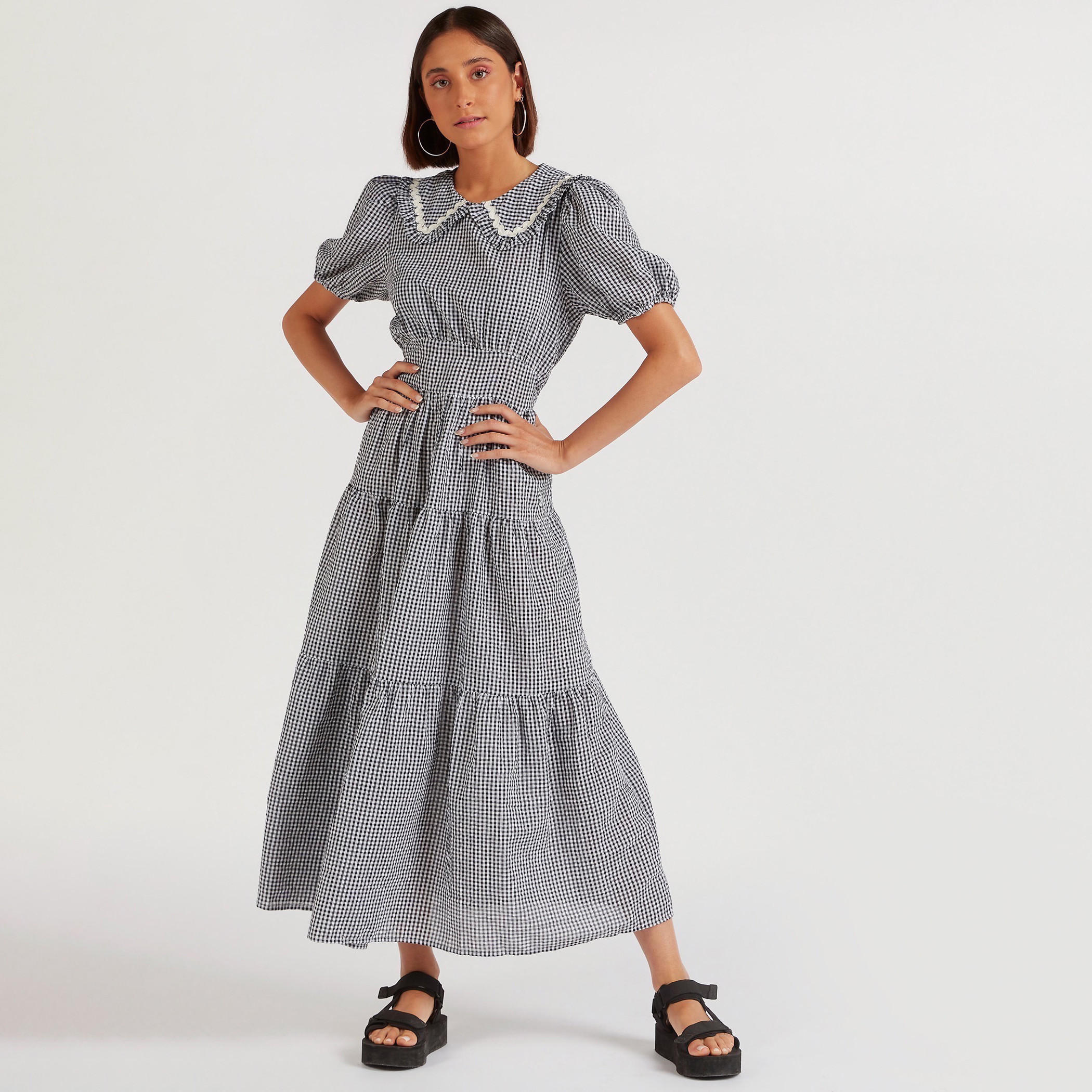 فستان طويل إيه لاين مربعات بياقة بيتر بان وأكمام قصيرة-women-clothing-dresses-image-1