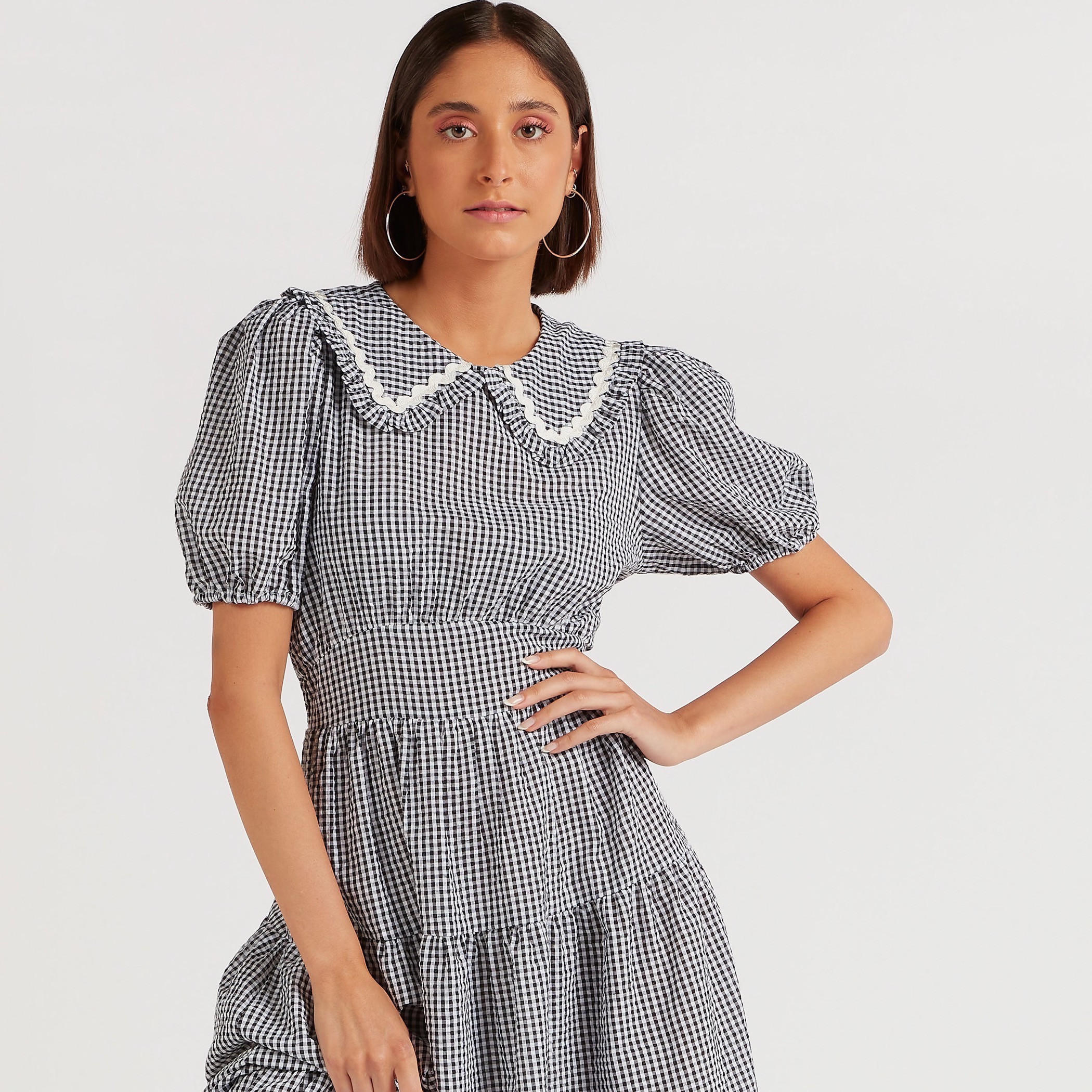 فستان طويل إيه لاين مربعات بياقة بيتر بان وأكمام قصيرة-women-clothing-dresses-image-2