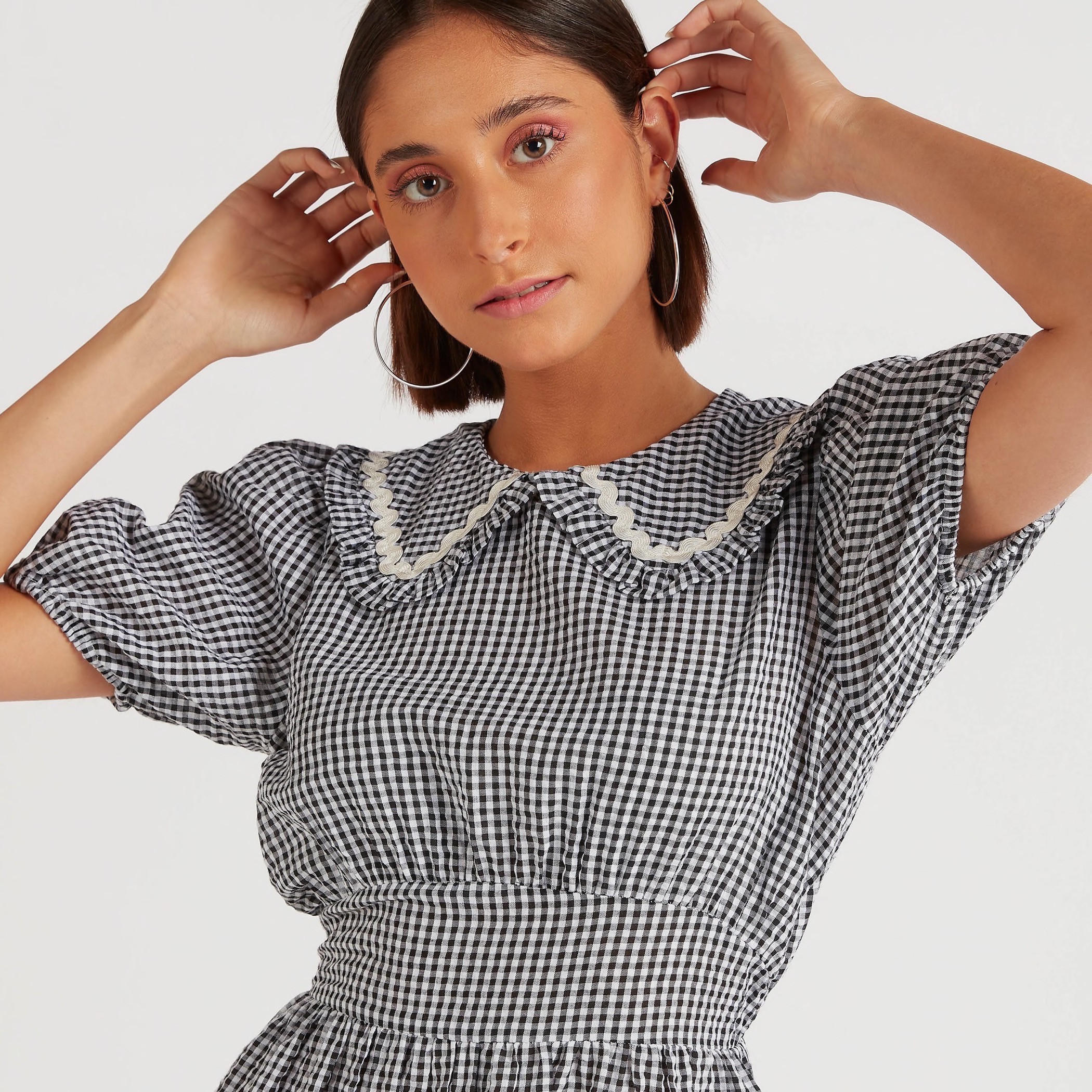 فستان طويل إيه لاين مربعات بياقة بيتر بان وأكمام قصيرة-women-clothing-dresses-image-5