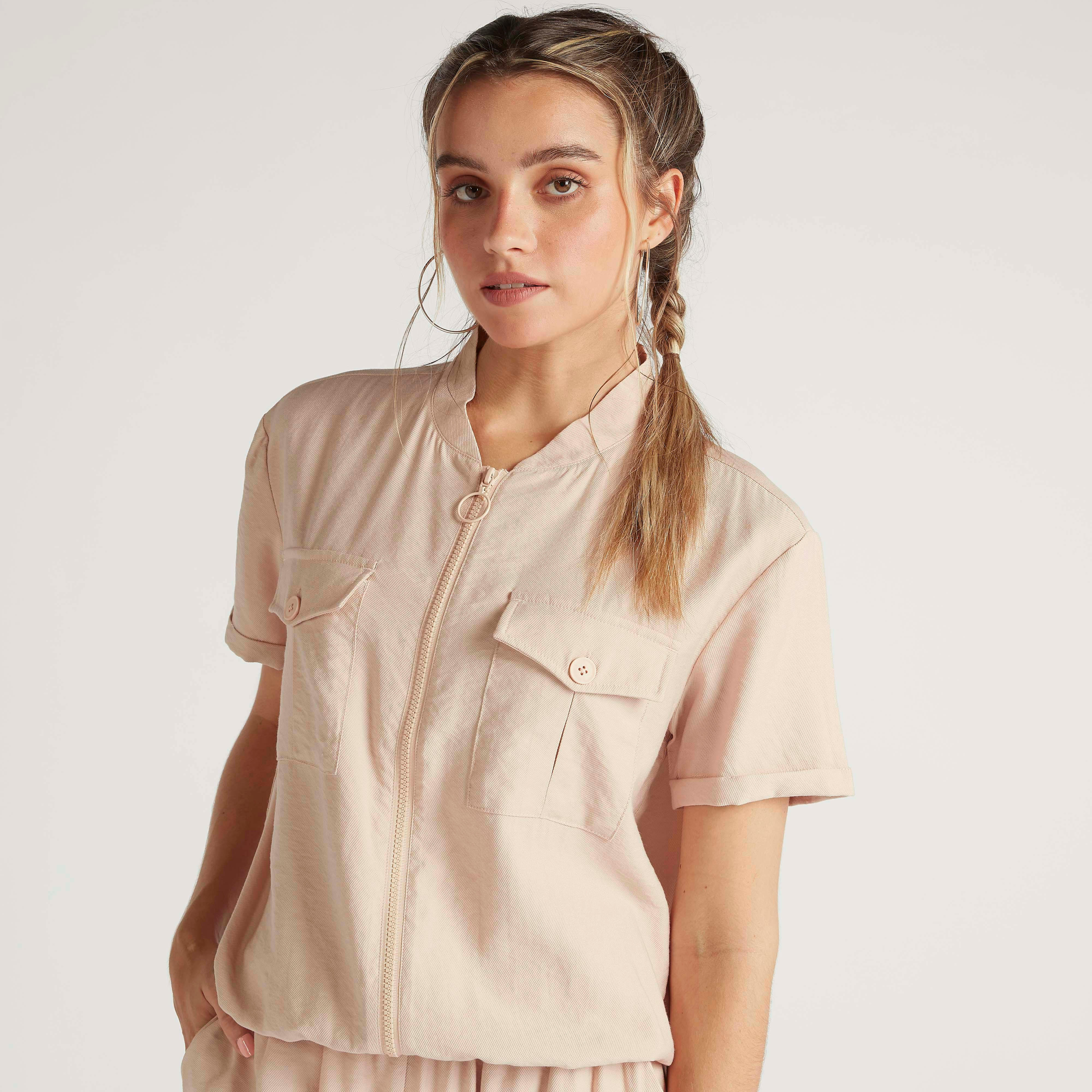 Solid Lightweight Zipper Jacket with Short Sleeves and Pockets-women-winterwear-coatsandjackets-jackets-image-1