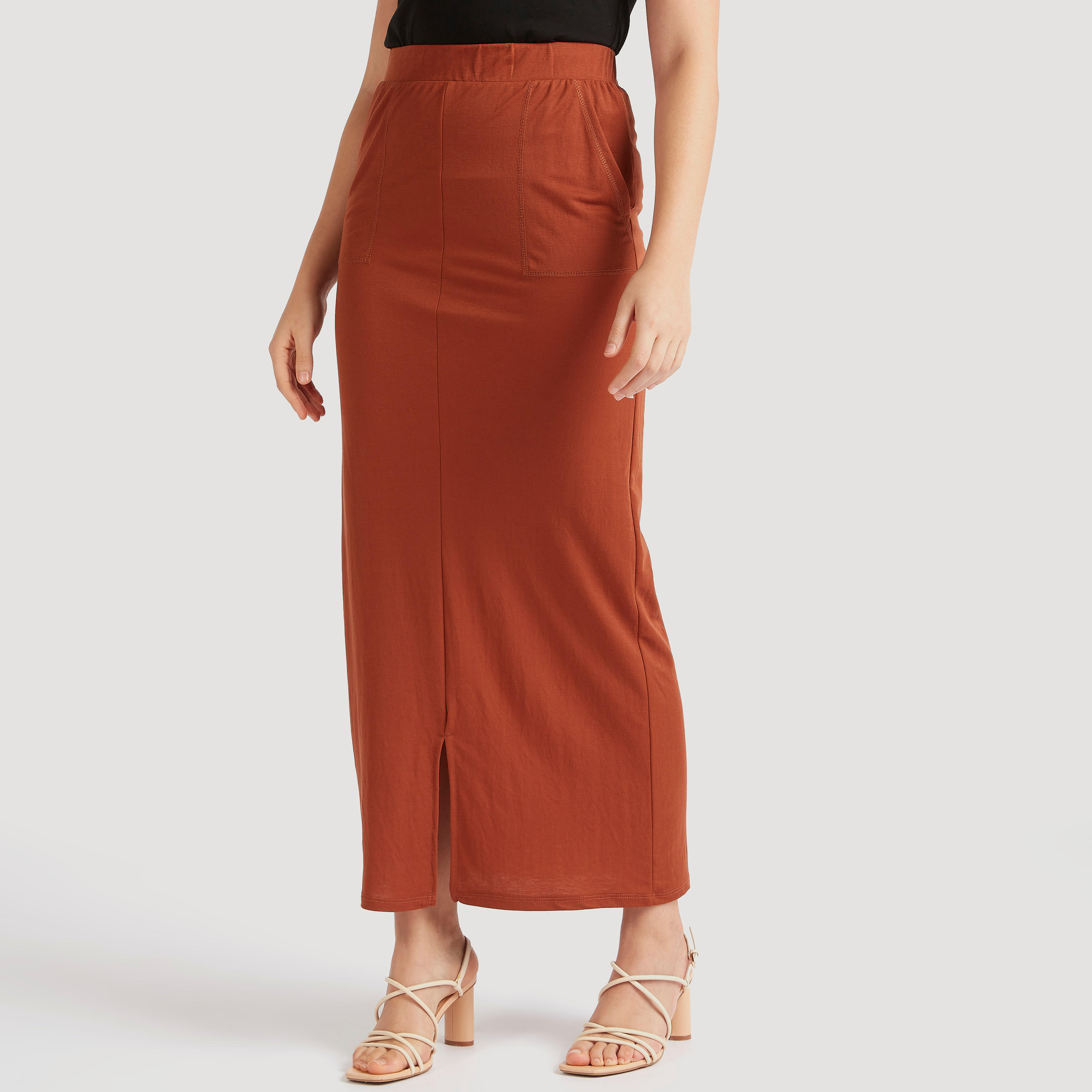 تنورة ضيقة طويلة سادة مع حزام خصر شبه مطاطي وجيوب-women-clothing-bottoms-skirts-image-1