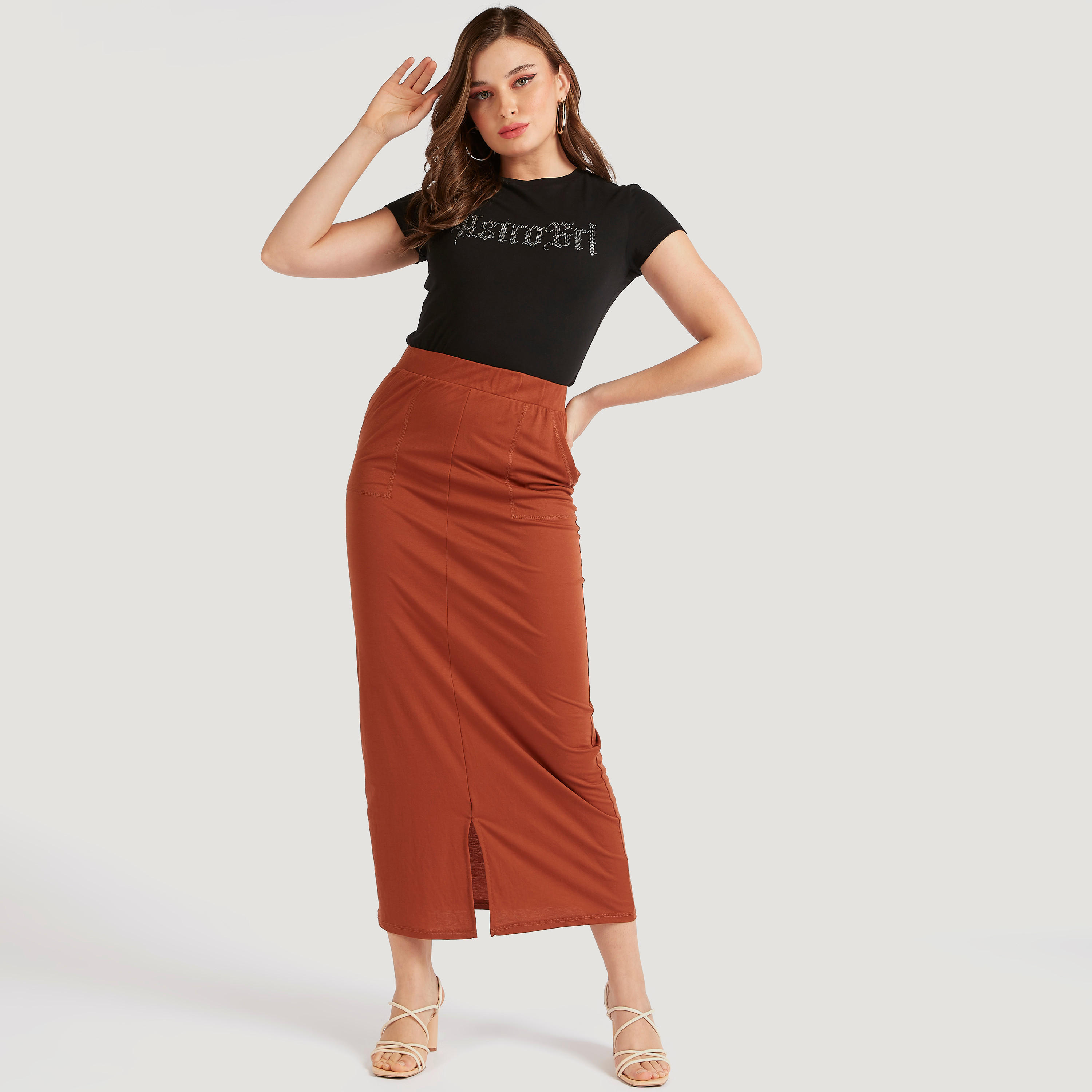 تنورة ضيقة طويلة سادة مع حزام خصر شبه مطاطي وجيوب-women-clothing-bottoms-skirts-image-2