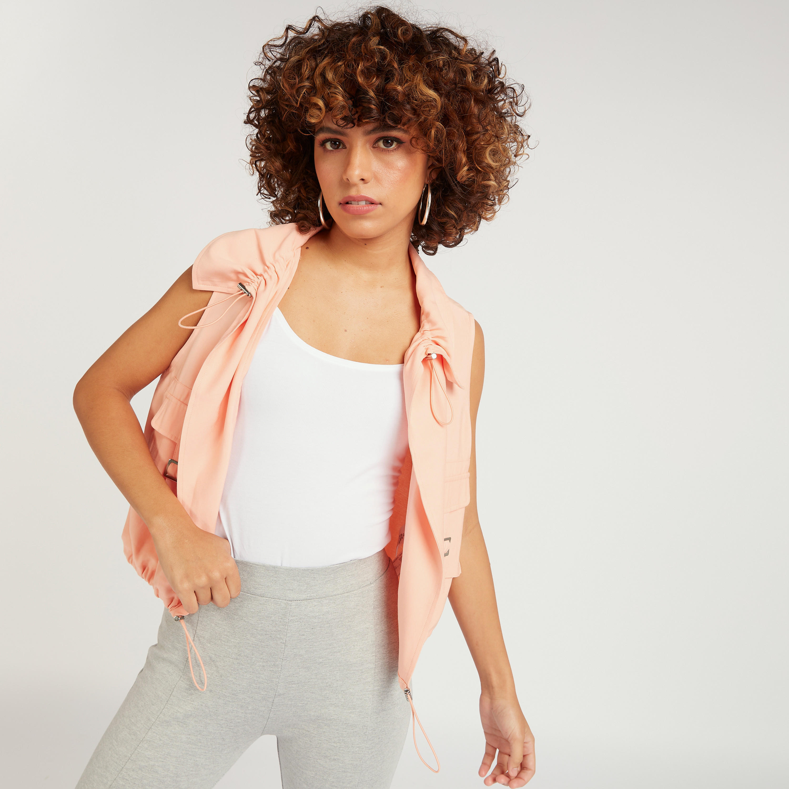 Solid Sleeveless Jacket with Pockets and Drawstring Detail-women-winterwear-coatsandjackets-jackets-image-5