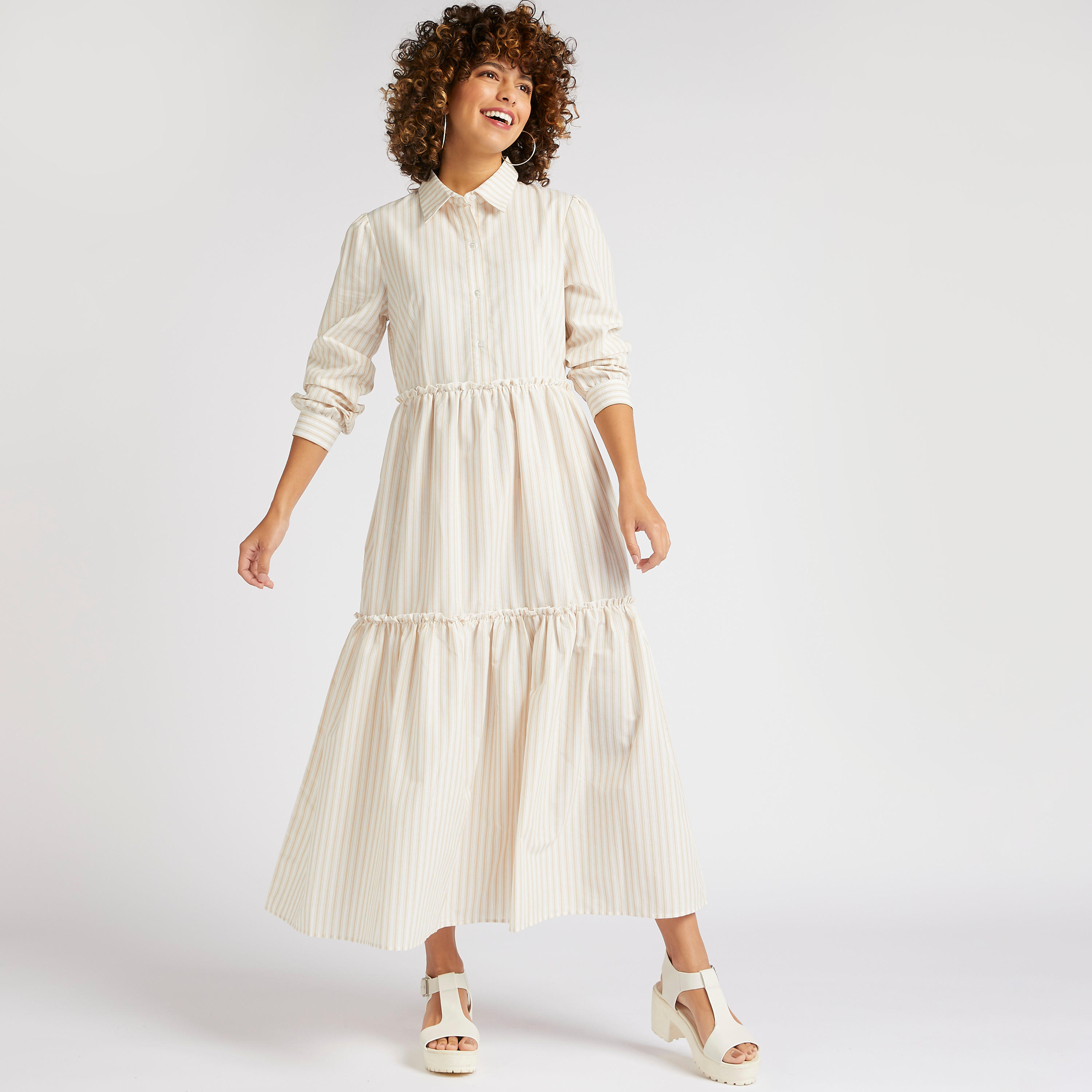 فستان قميص إيه لاين مخطّط متعدد الطبقات بأكمام طويلة-women-clothing-dresses-image-1