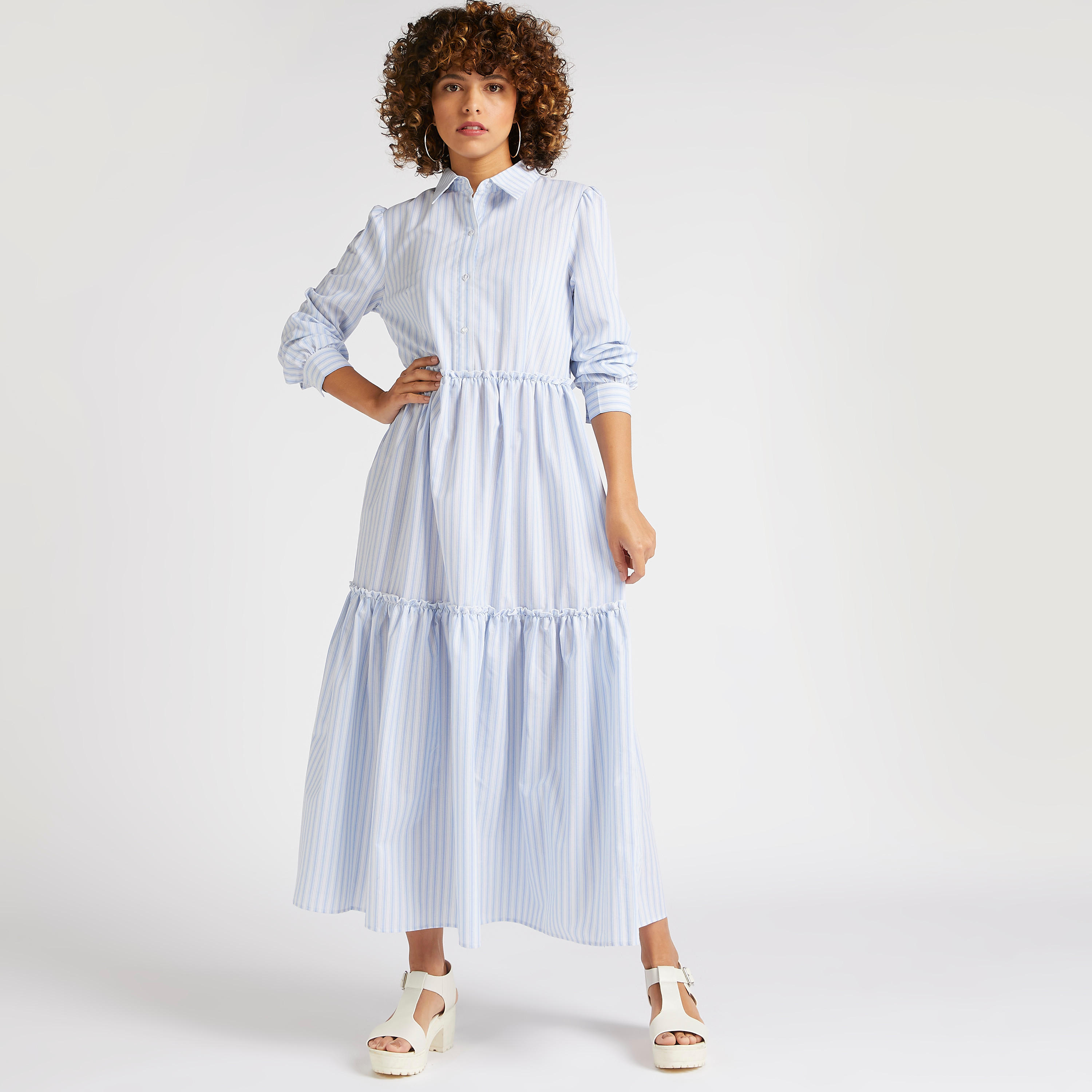 قميص فستان طويل إيه لاين متعدد الطبقات مخطّط وأكمام طويلة-women-clothing-dresses-image-1