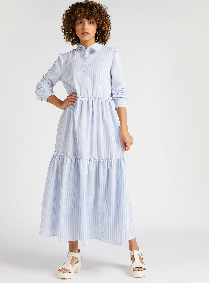 قميص فستان طويل إيه لاين متعدد الطبقات مخطّط وأكمام طويلة-women-clothing-dresses-image-1