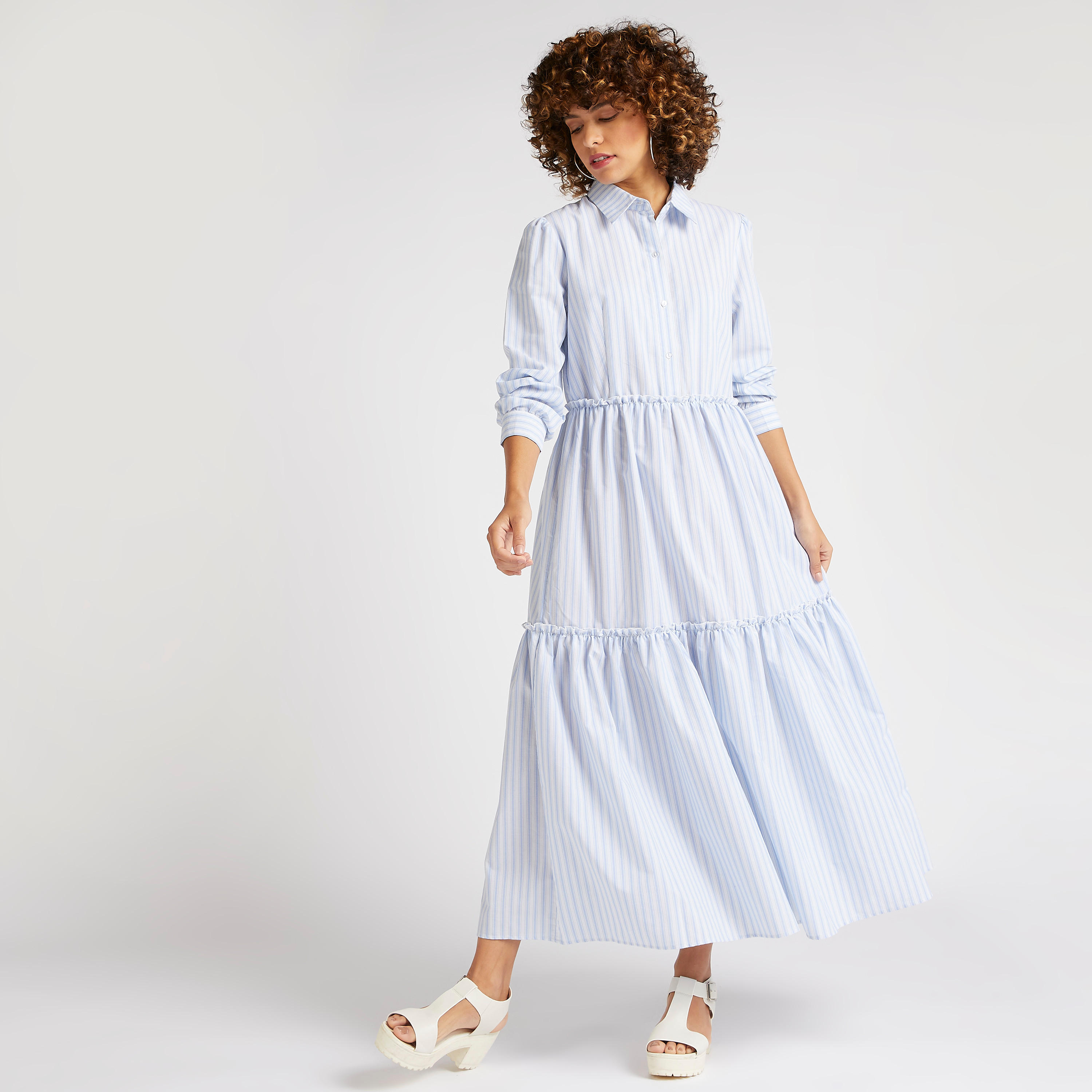 قميص فستان طويل إيه لاين متعدد الطبقات مخطّط وأكمام طويلة-women-clothing-dresses-image-2