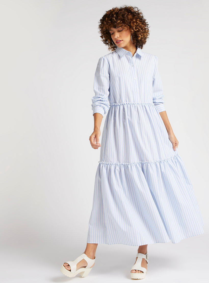 قميص فستان طويل إيه لاين متعدد الطبقات مخطّط وأكمام طويلة-women-clothing-dresses-image-2