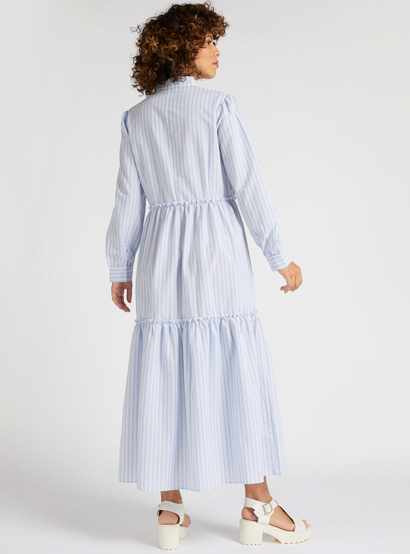 قميص فستان طويل إيه لاين متعدد الطبقات مخطّط وأكمام طويلة-women-clothing-dresses-image-4