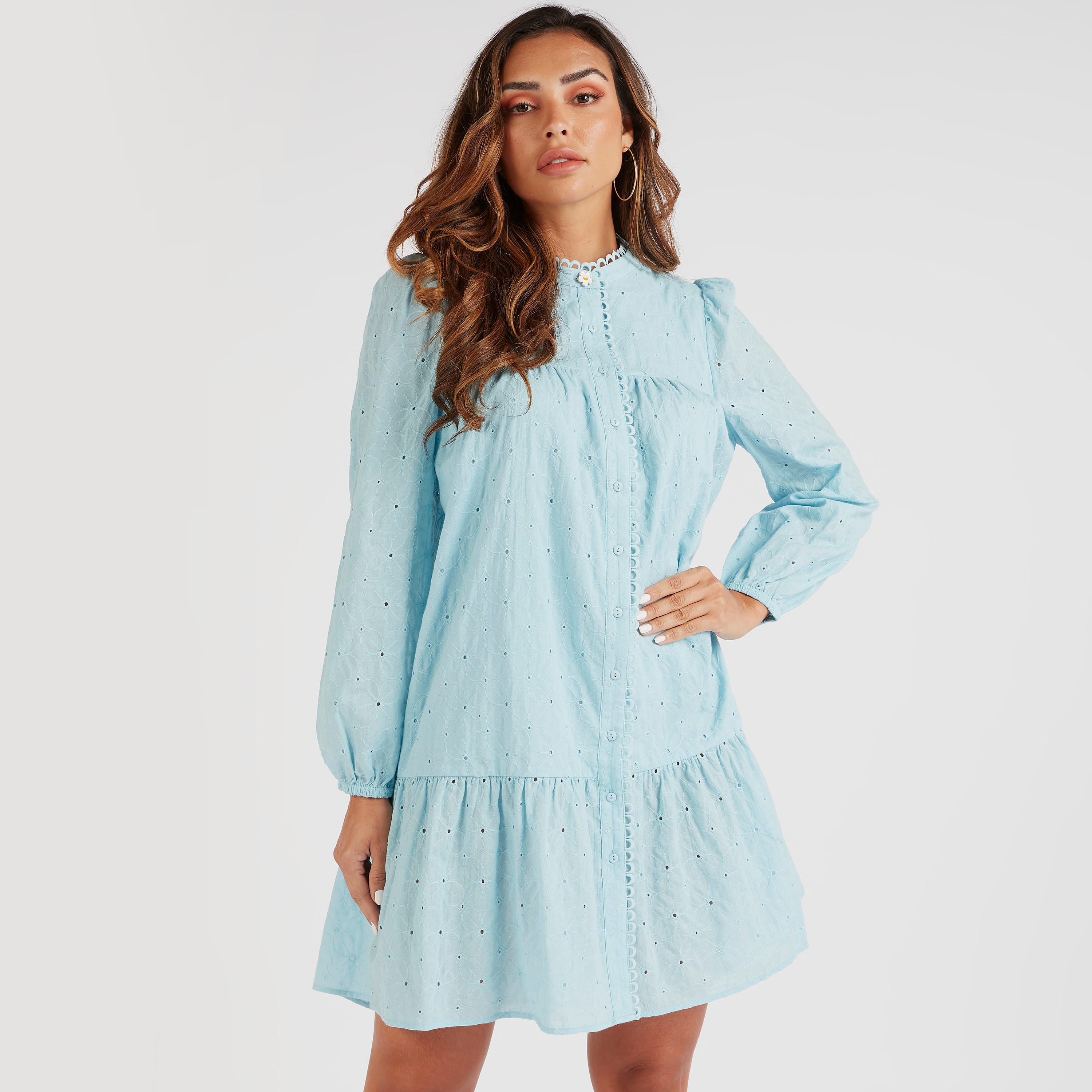 فستان قميص قصير بتطريز شيفلي وأكمام طويلة-women-clothing-dresses-image-1