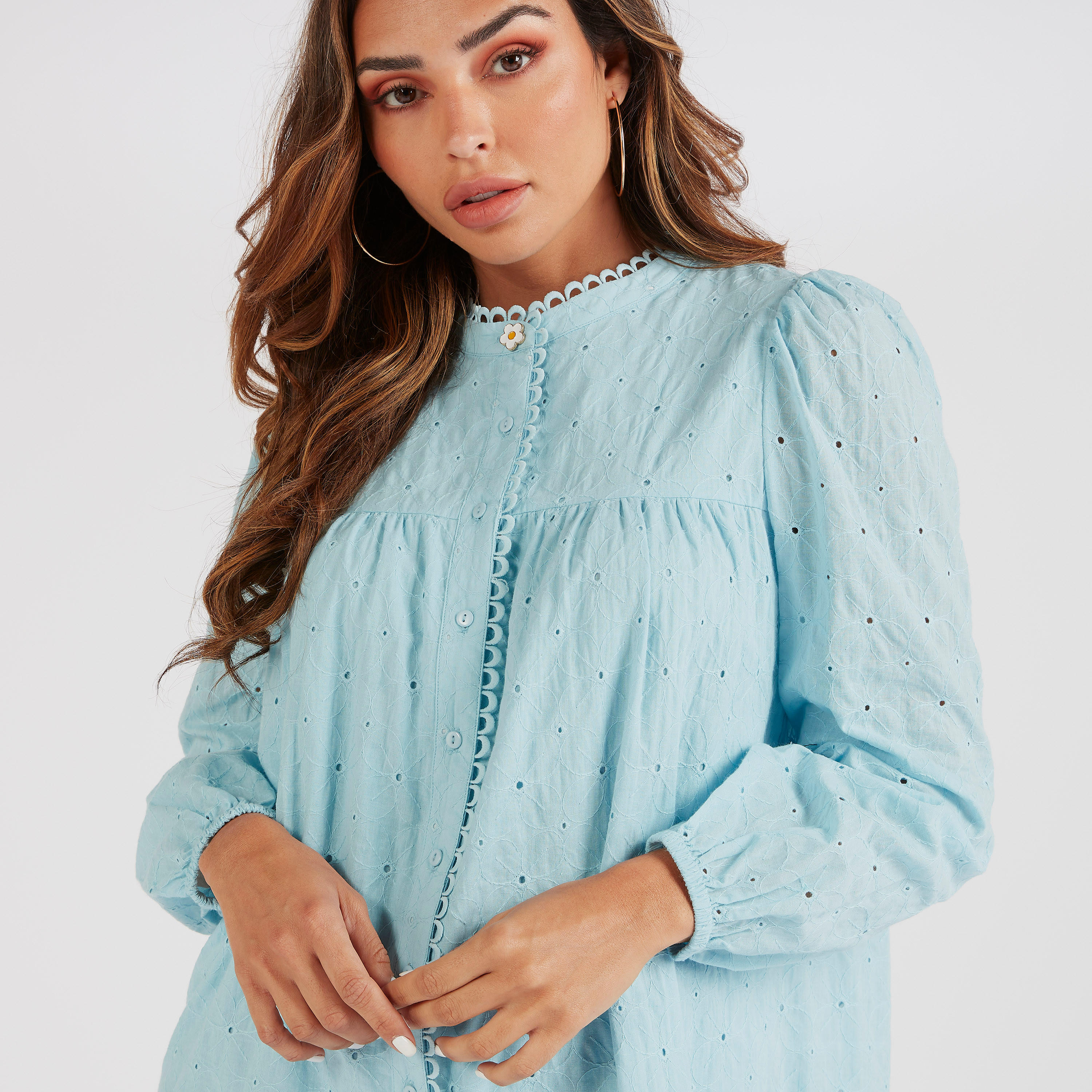 فستان قميص قصير بتطريز شيفلي وأكمام طويلة-women-clothing-dresses-image-3
