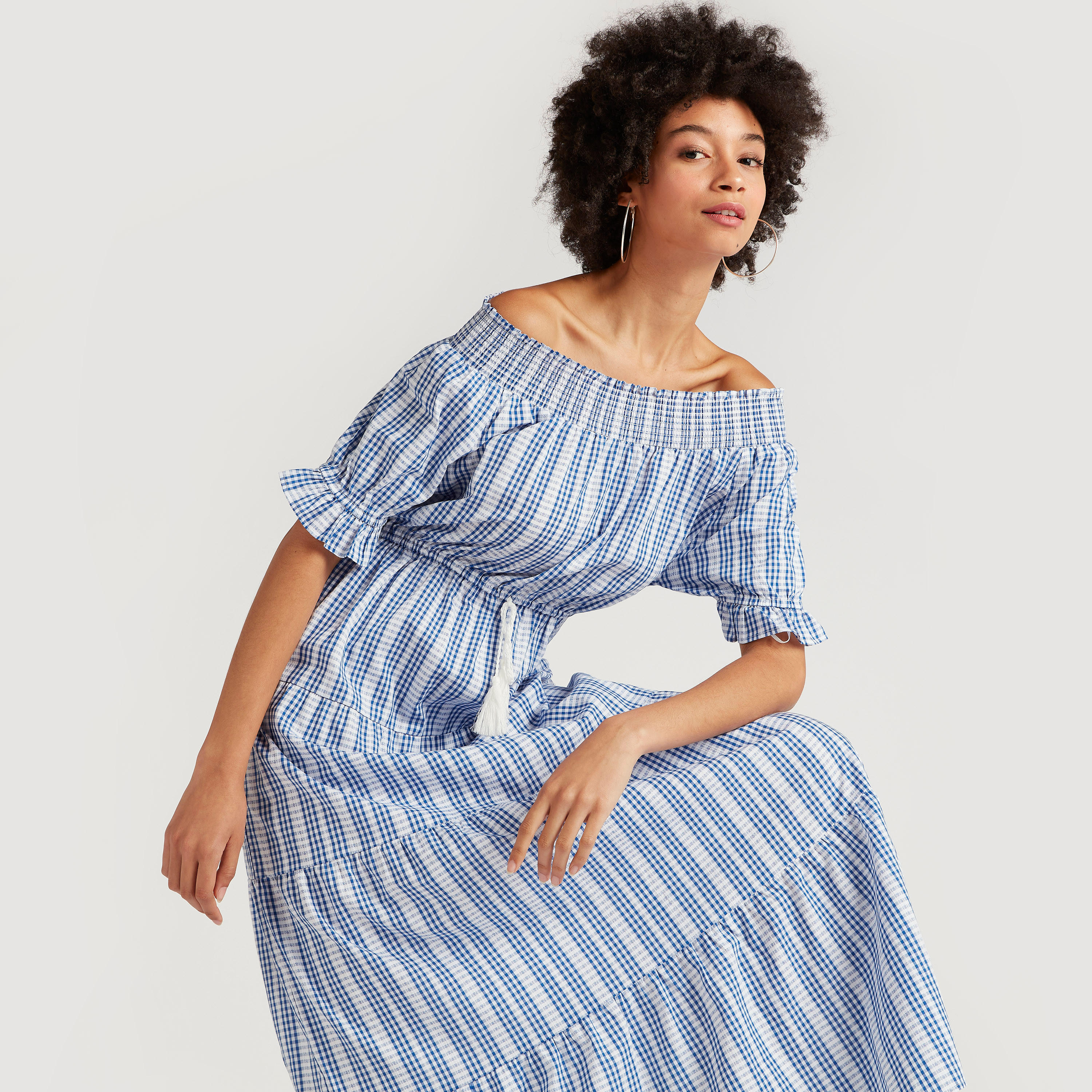 Checked Smocked Boat Neck Maxi Dress-women-clothing-dresses-image-1