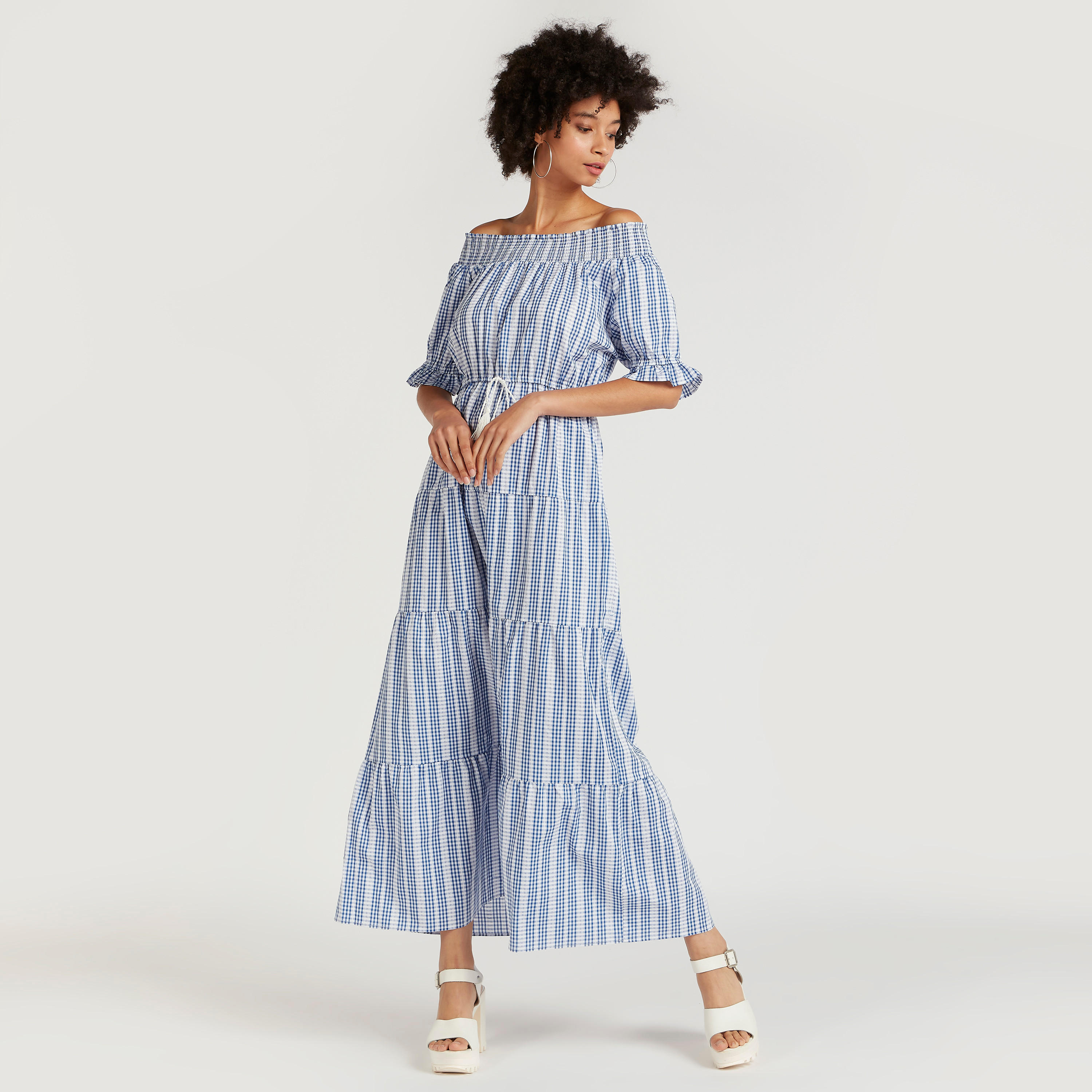 Checked Smocked Boat Neck Maxi Dress-women-clothing-dresses-image-2