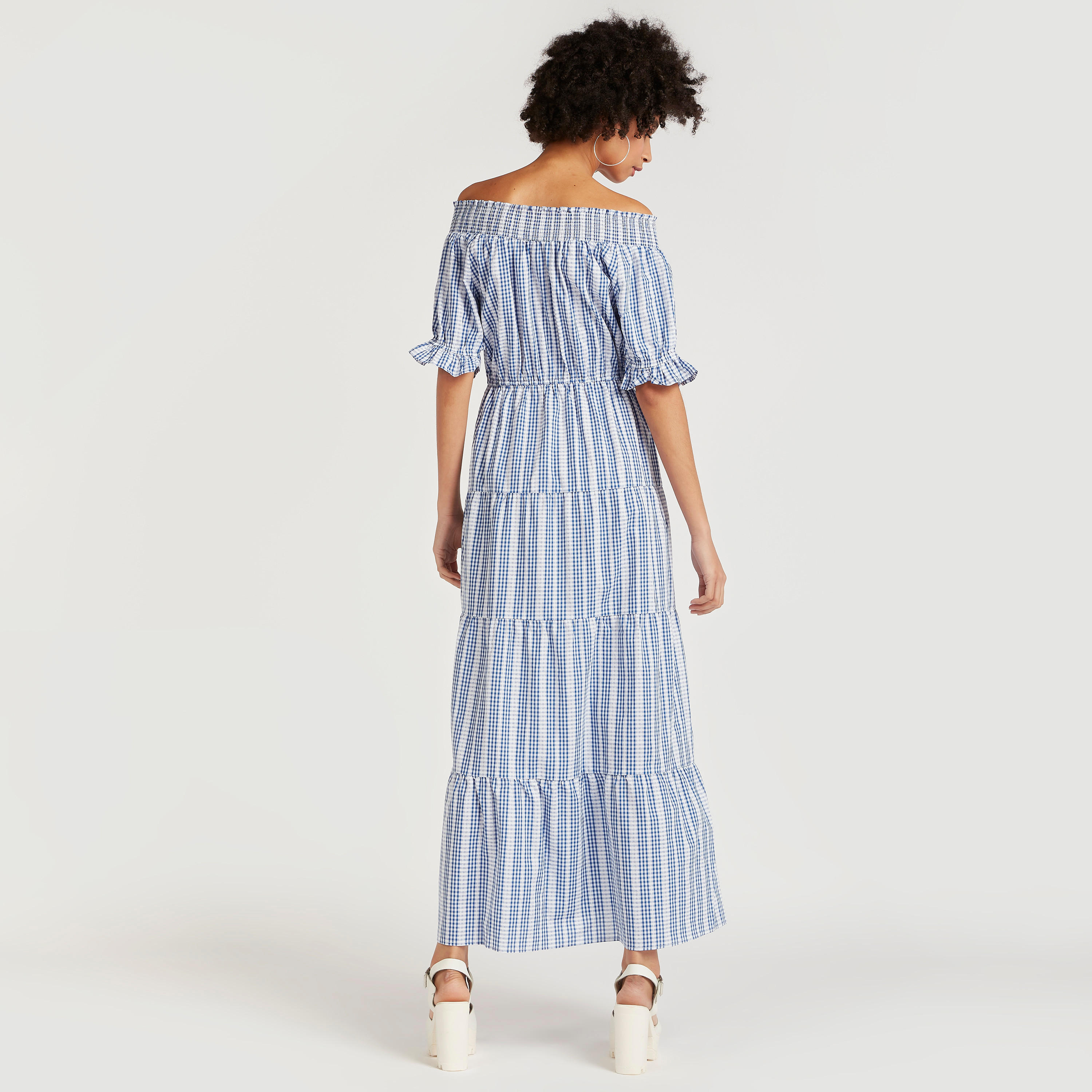 Checked Smocked Boat Neck Maxi Dress-women-clothing-dresses-image-4