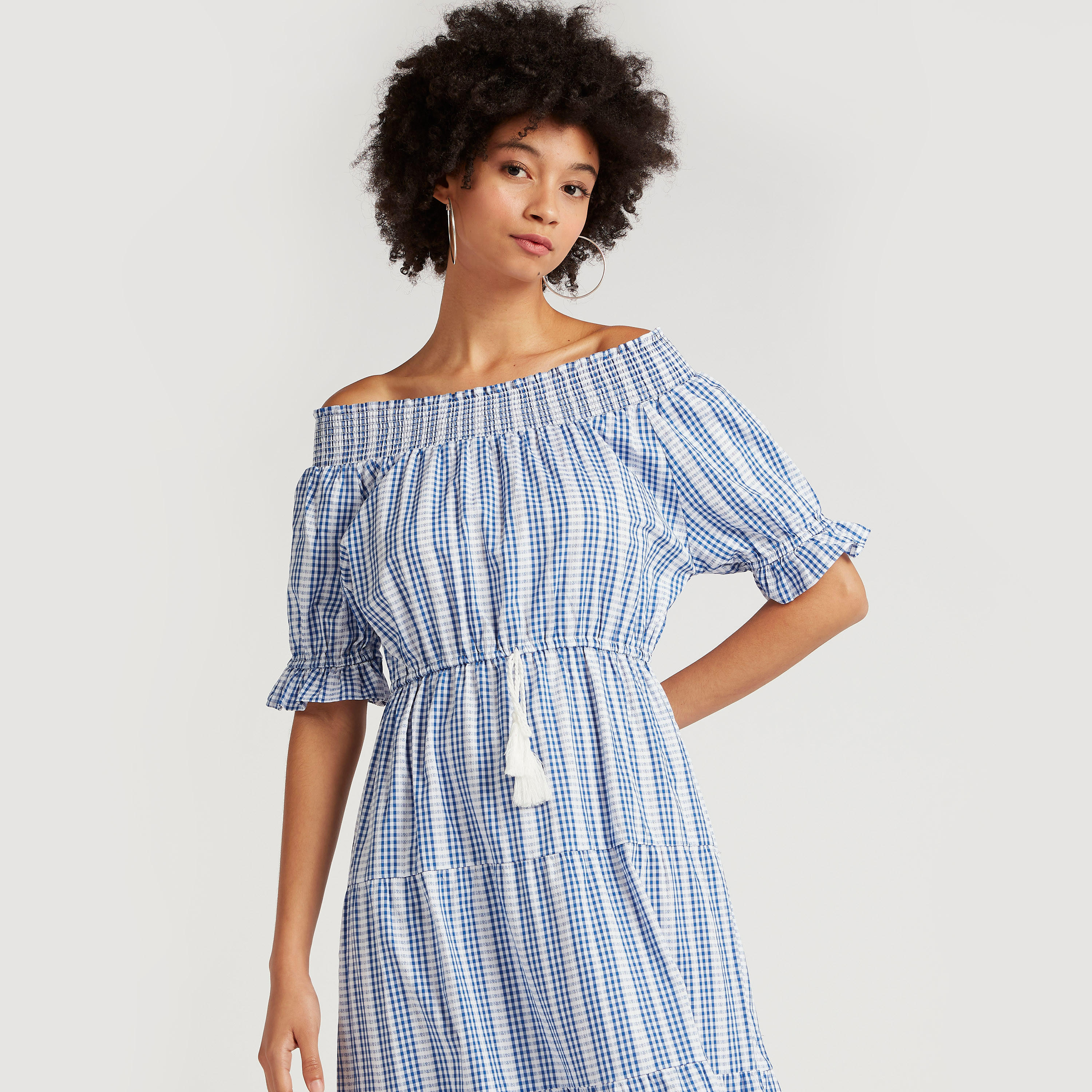 Checked Smocked Boat Neck Maxi Dress-women-clothing-dresses-image-5