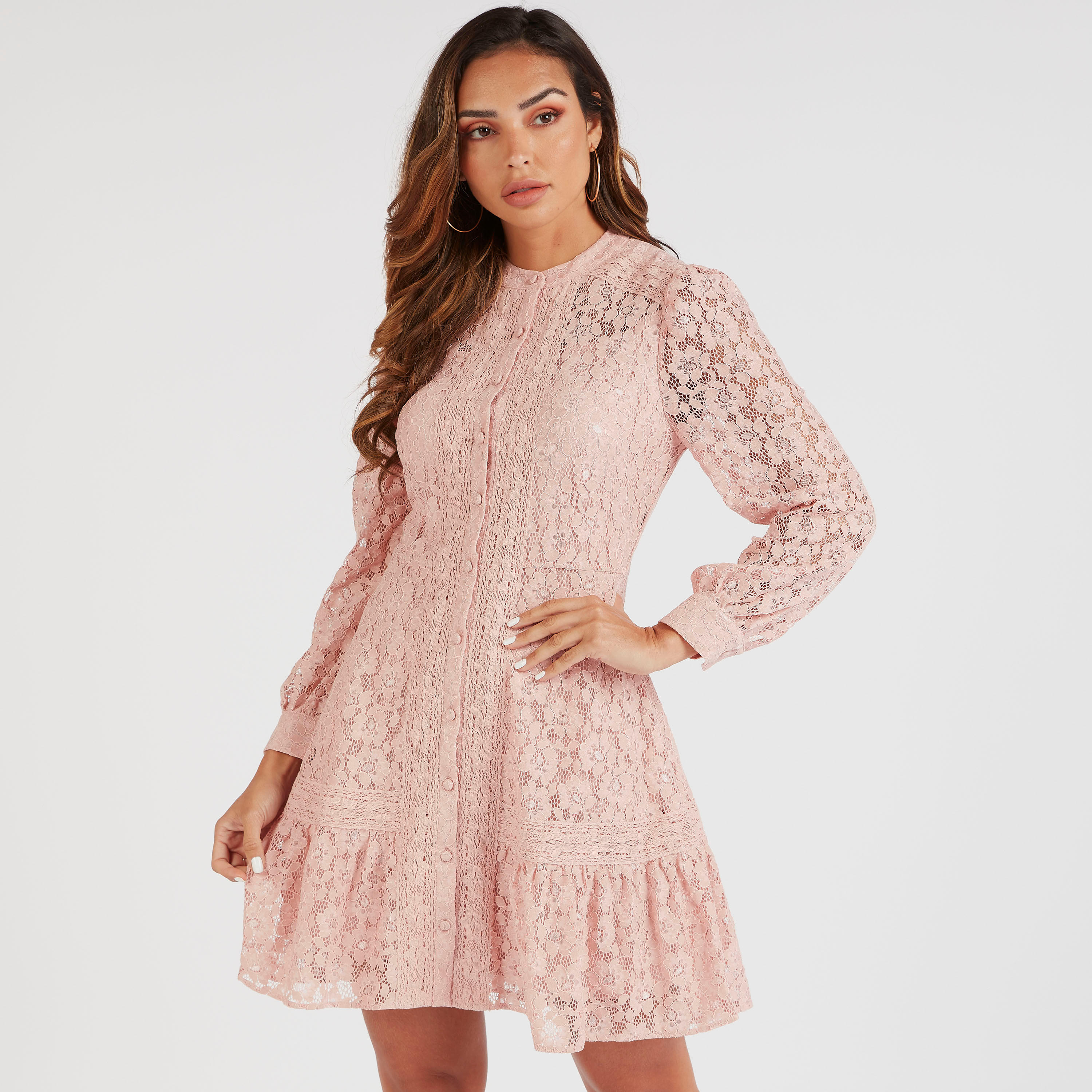 فستان قصير مستدام إيه لاين بارز الملمس بأكمام طويلة ودانتيل-women-clothing-dresses-image-1