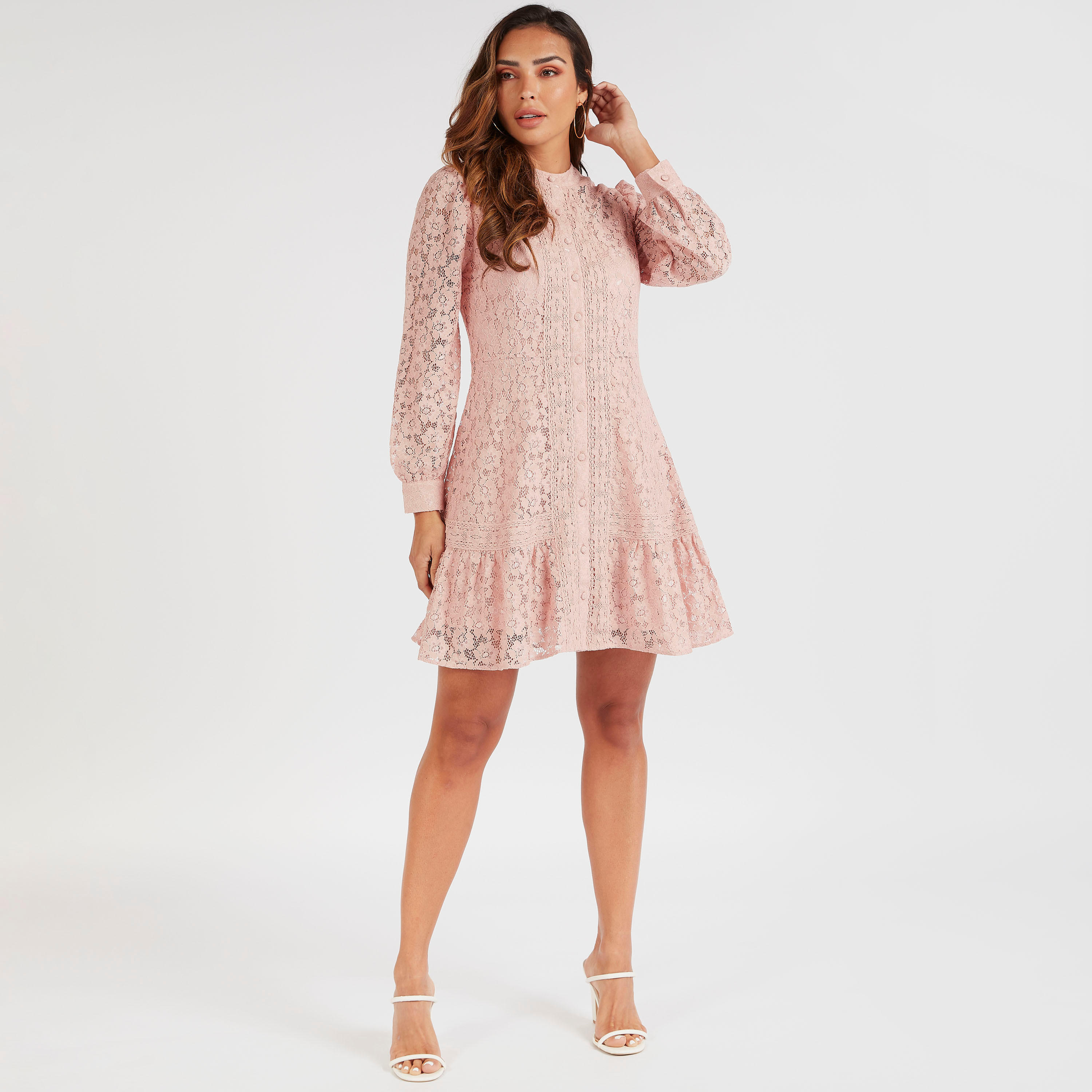 فستان قصير مستدام إيه لاين بارز الملمس بأكمام طويلة ودانتيل-women-clothing-dresses-image-2