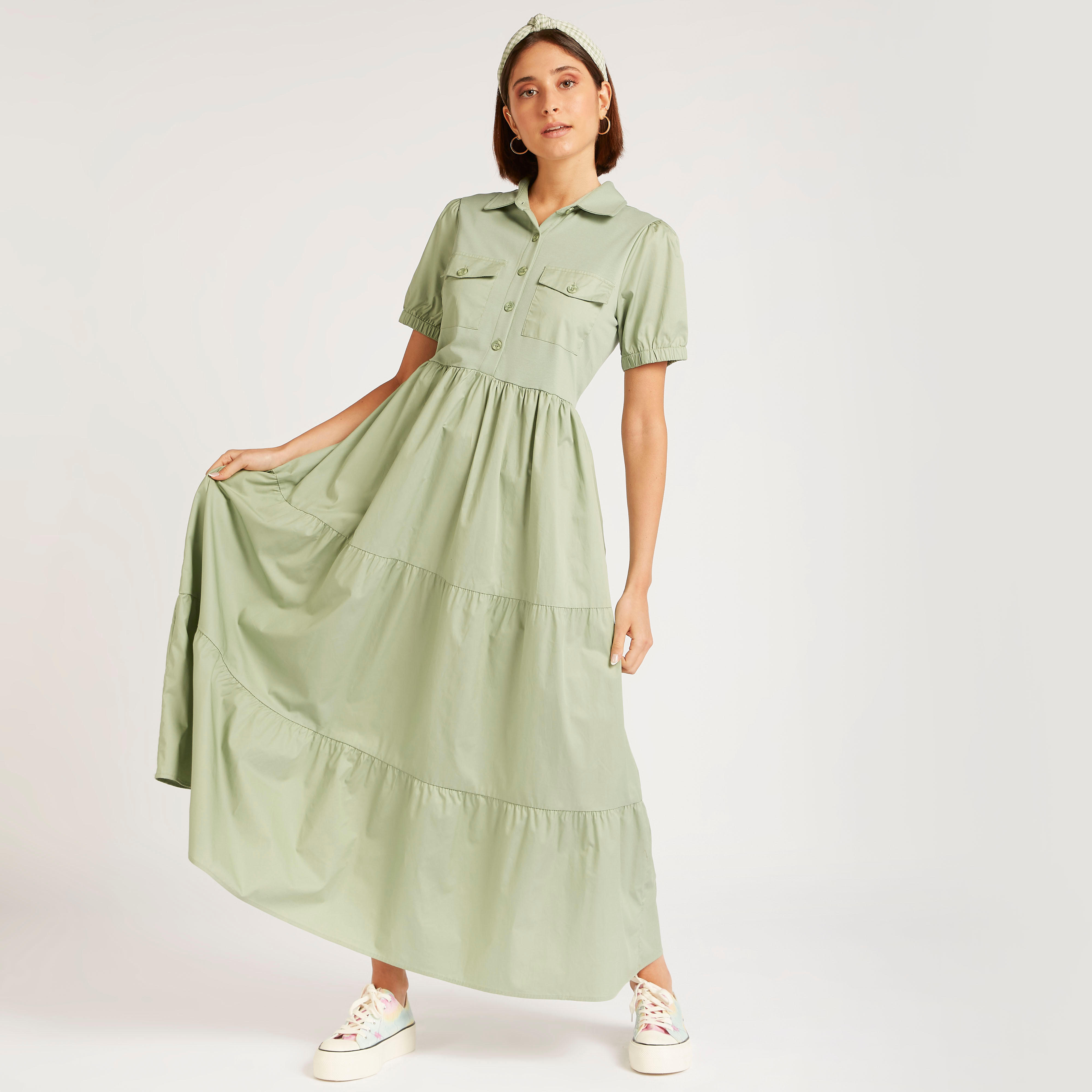 فستان سادة طويل بحزام وياقة عادية وأكمام منفوخة-women-clothing-dresses-image-6
