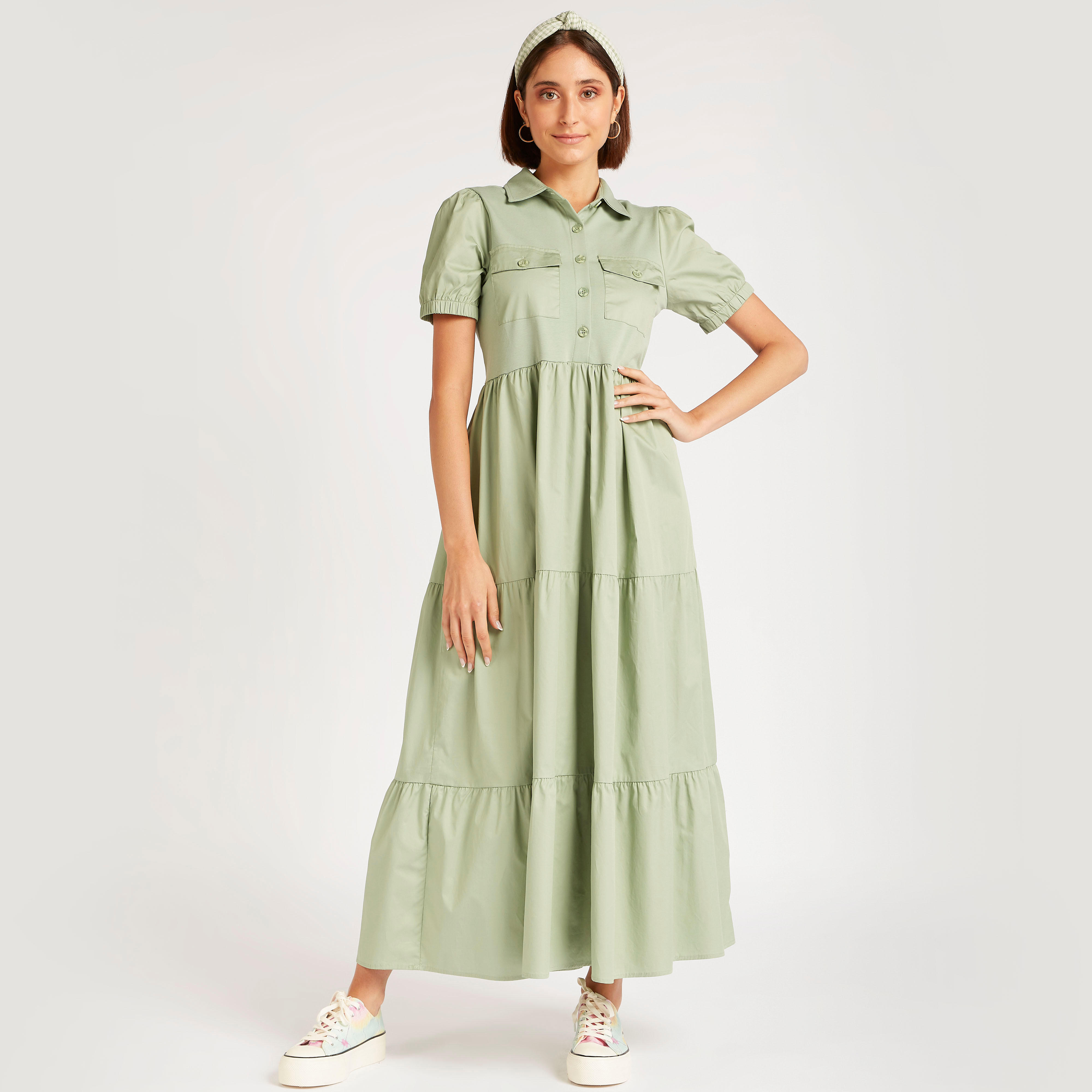 فستان سادة طويل بحزام وياقة عادية وأكمام منفوخة-women-clothing-dresses-image-5