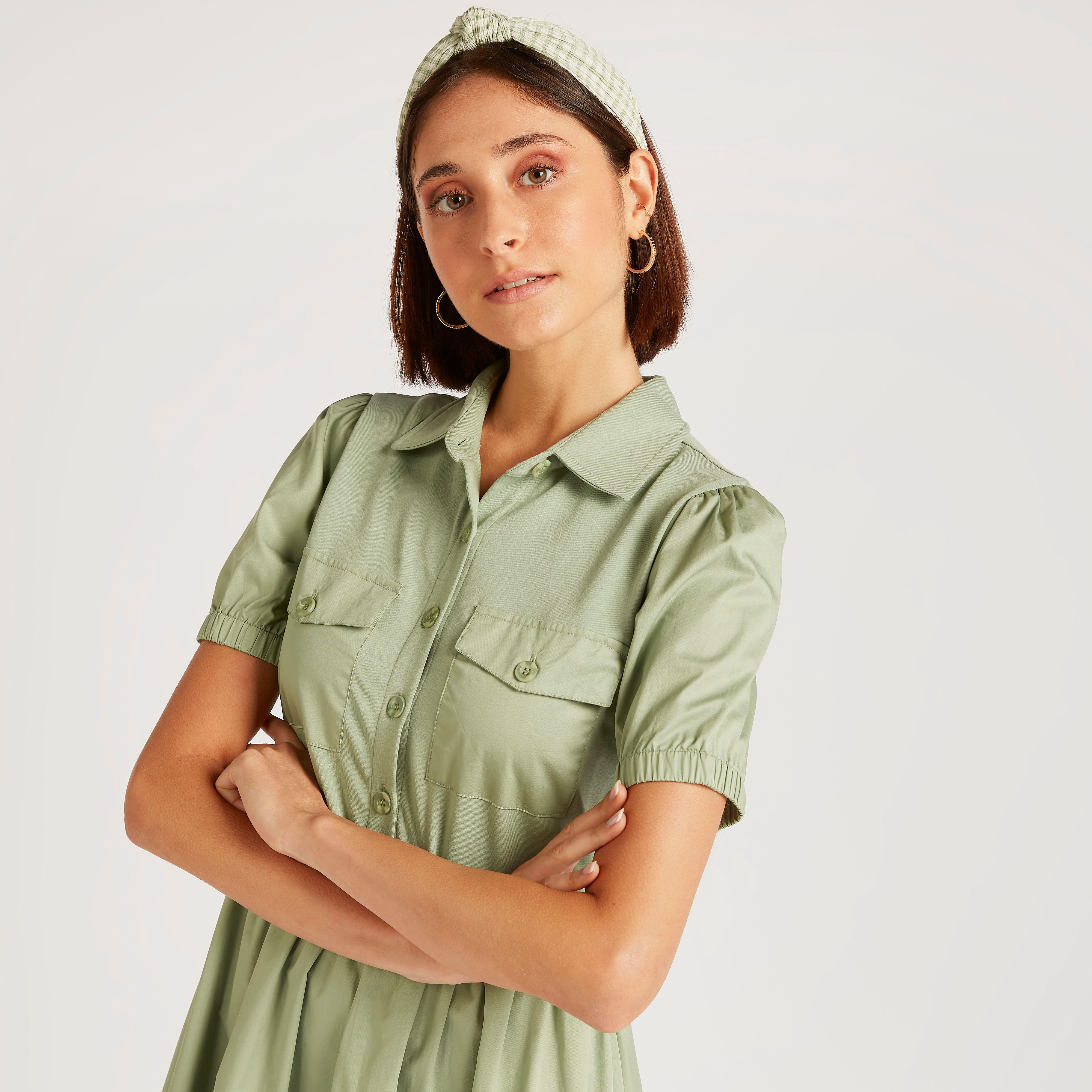 فستان سادة طويل بحزام وياقة عادية وأكمام منفوخة-women-clothing-dresses-image-4