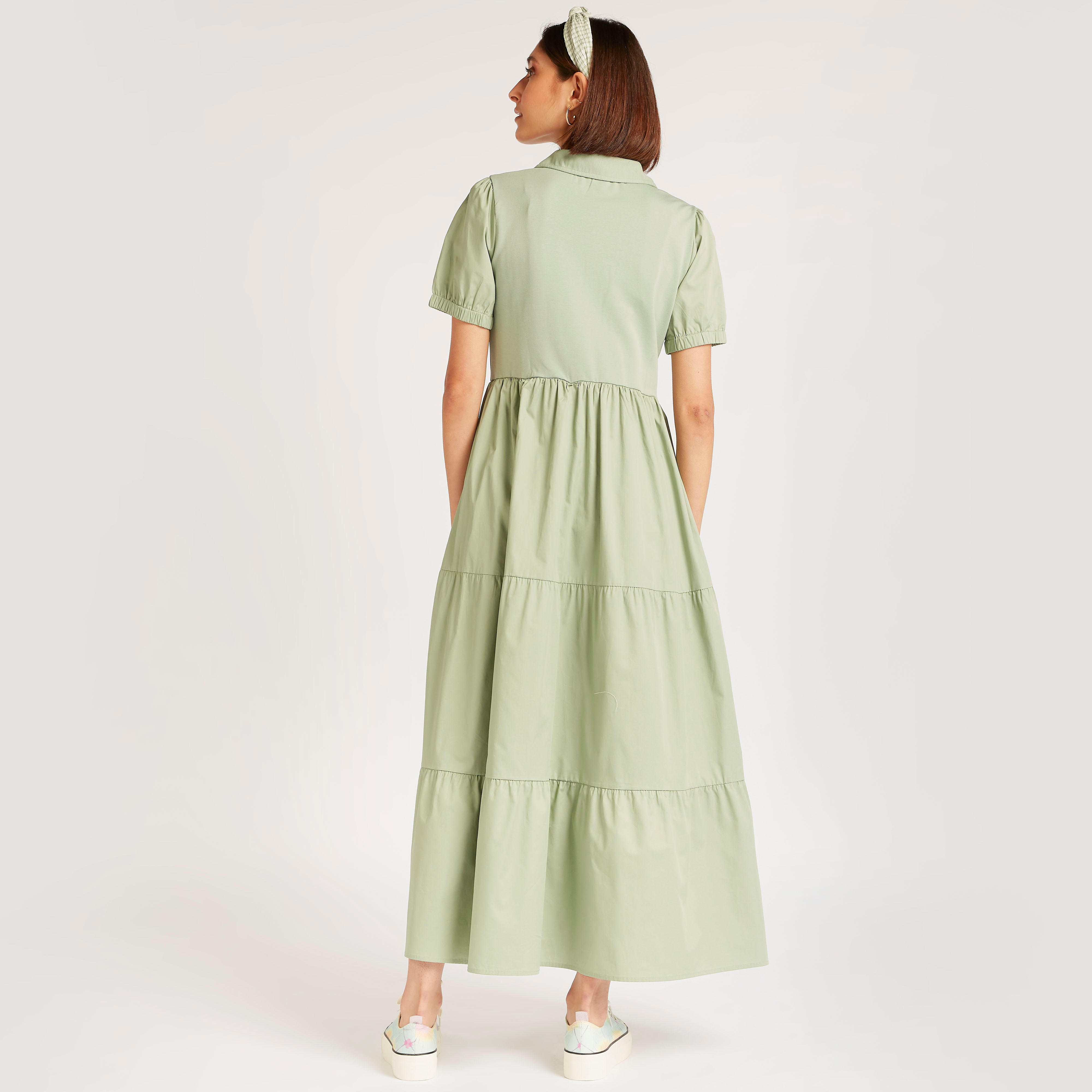 فستان سادة طويل بحزام وياقة عادية وأكمام منفوخة-women-clothing-dresses-image-3