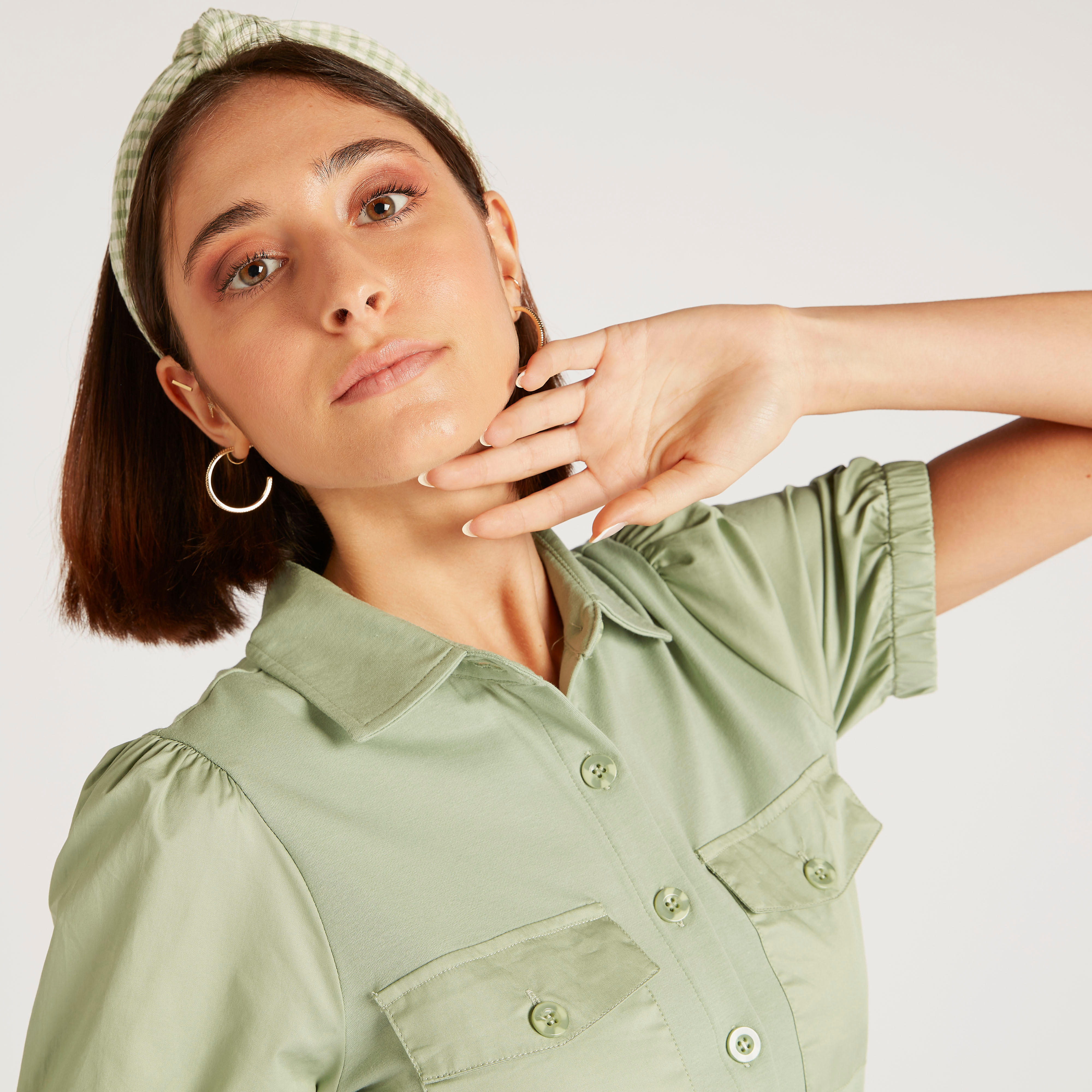 فستان سادة طويل بحزام وياقة عادية وأكمام منفوخة-women-clothing-dresses-image-2