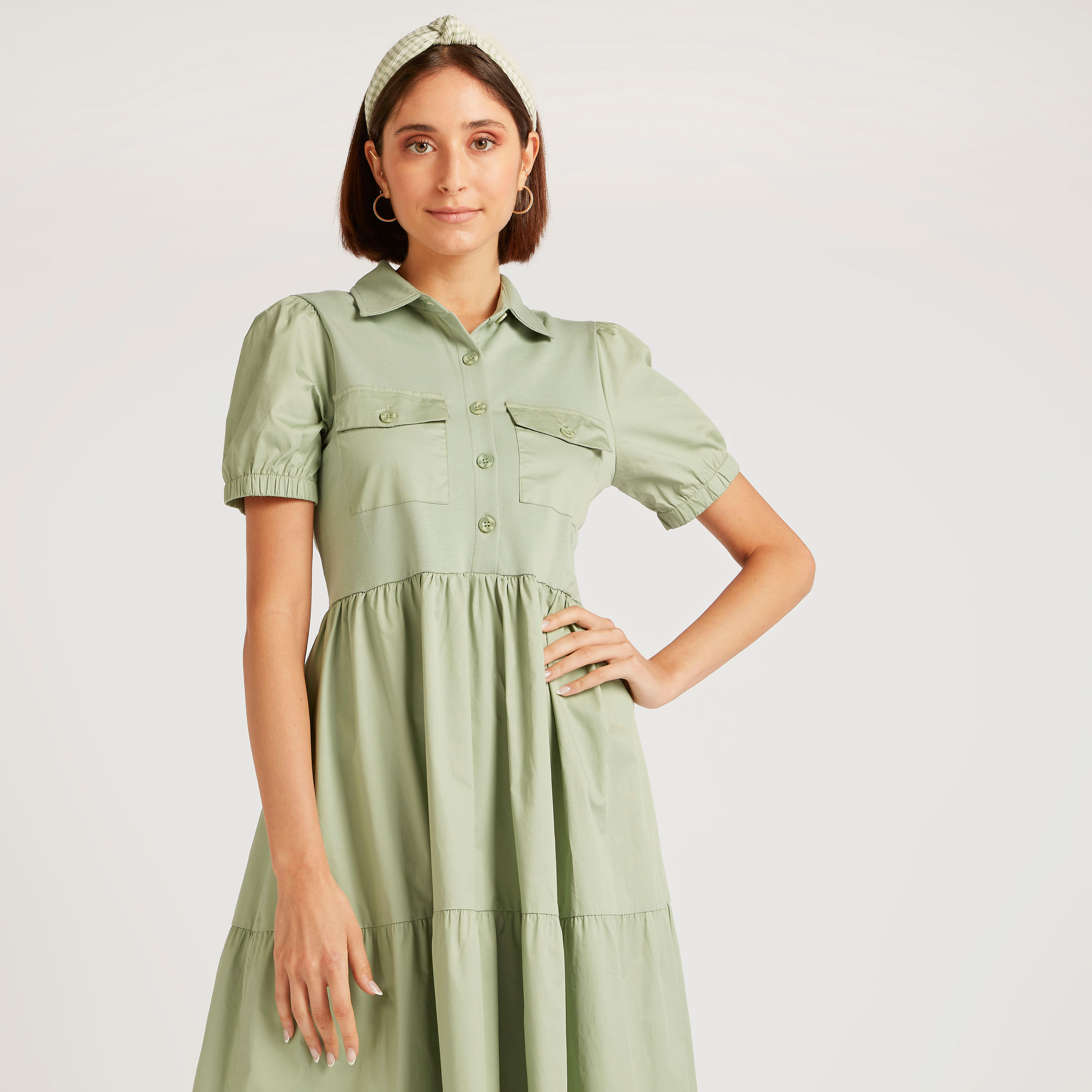 فستان سادة طويل بحزام وياقة عادية وأكمام منفوخة-women-clothing-dresses-image-1