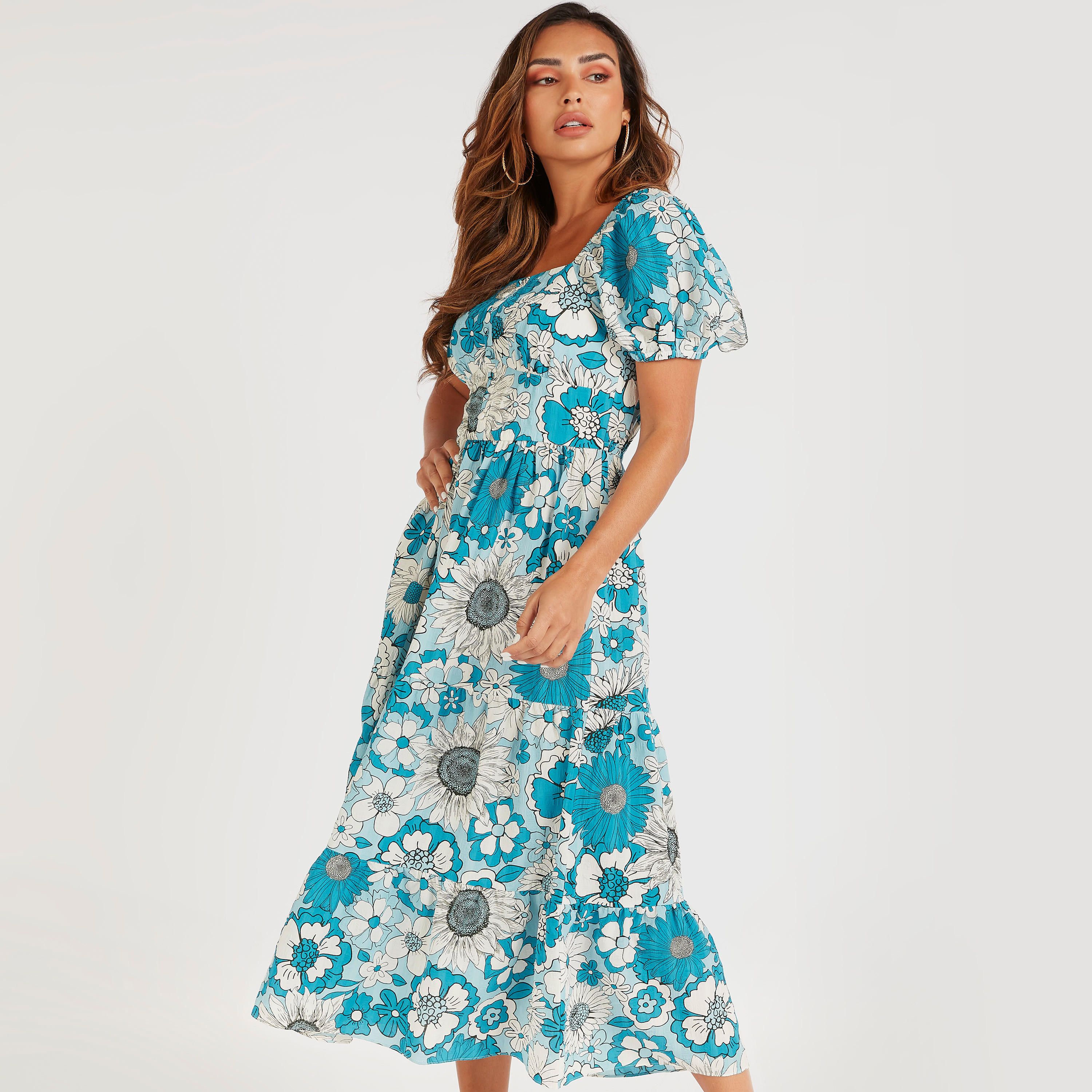 فستان ميدي إيه لاين بأكمام قصيرة وطبعات زهرية-women-clothing-dresses-image-1