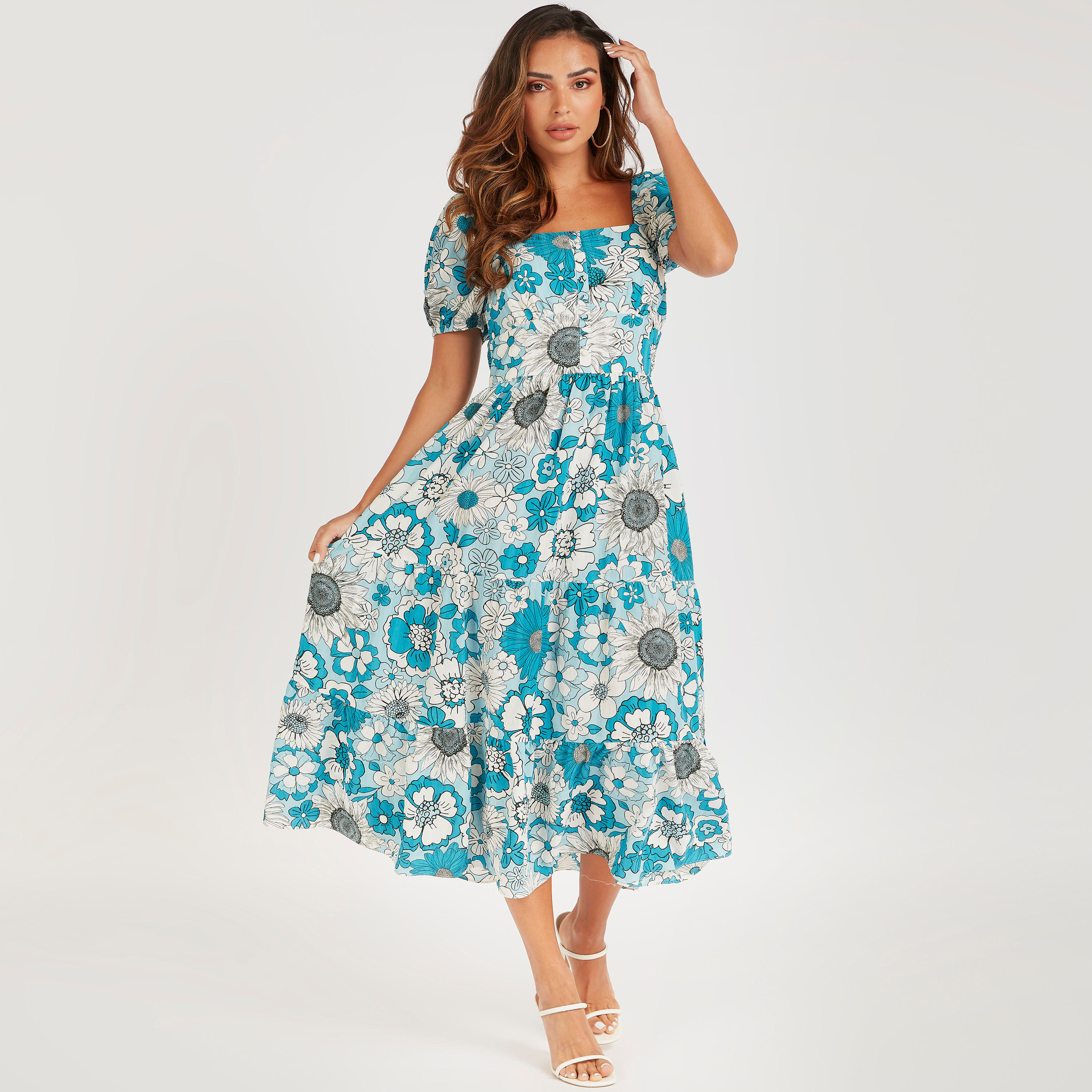 فستان ميدي إيه لاين بأكمام قصيرة وطبعات زهرية-women-clothing-dresses-image-2