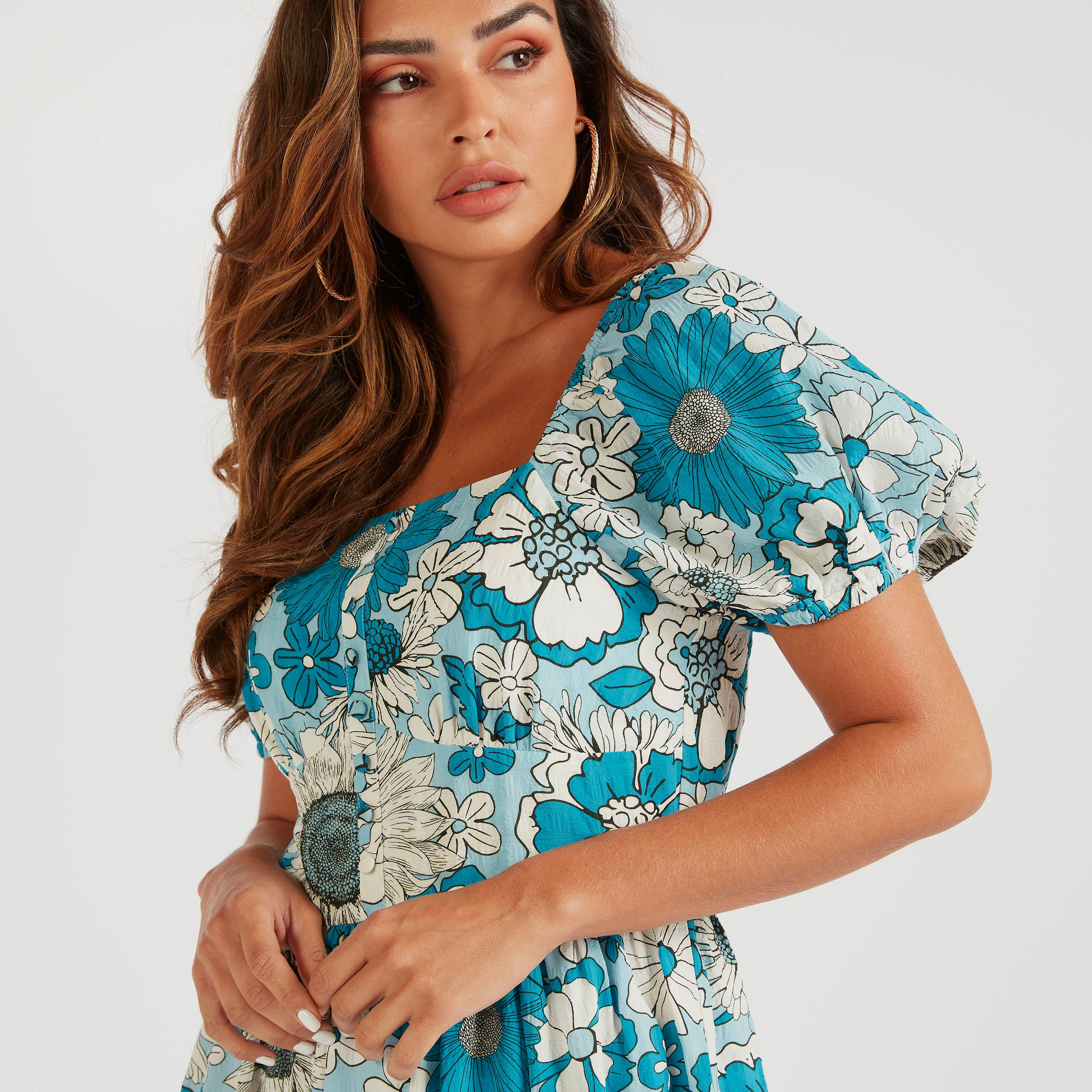 فستان ميدي إيه لاين بأكمام قصيرة وطبعات زهرية-women-clothing-dresses-image-3