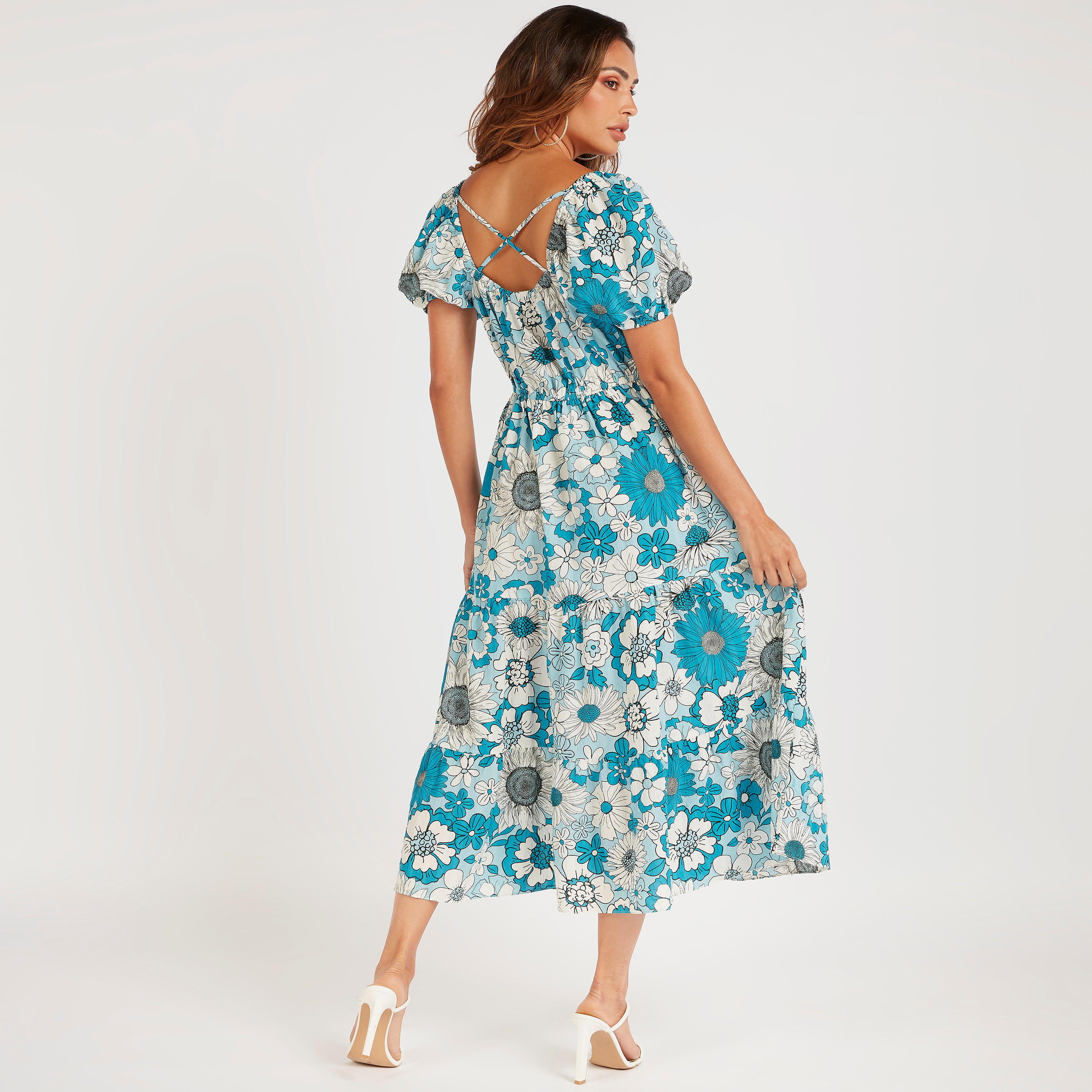 فستان ميدي إيه لاين بأكمام قصيرة وطبعات زهرية-women-clothing-dresses-image-4