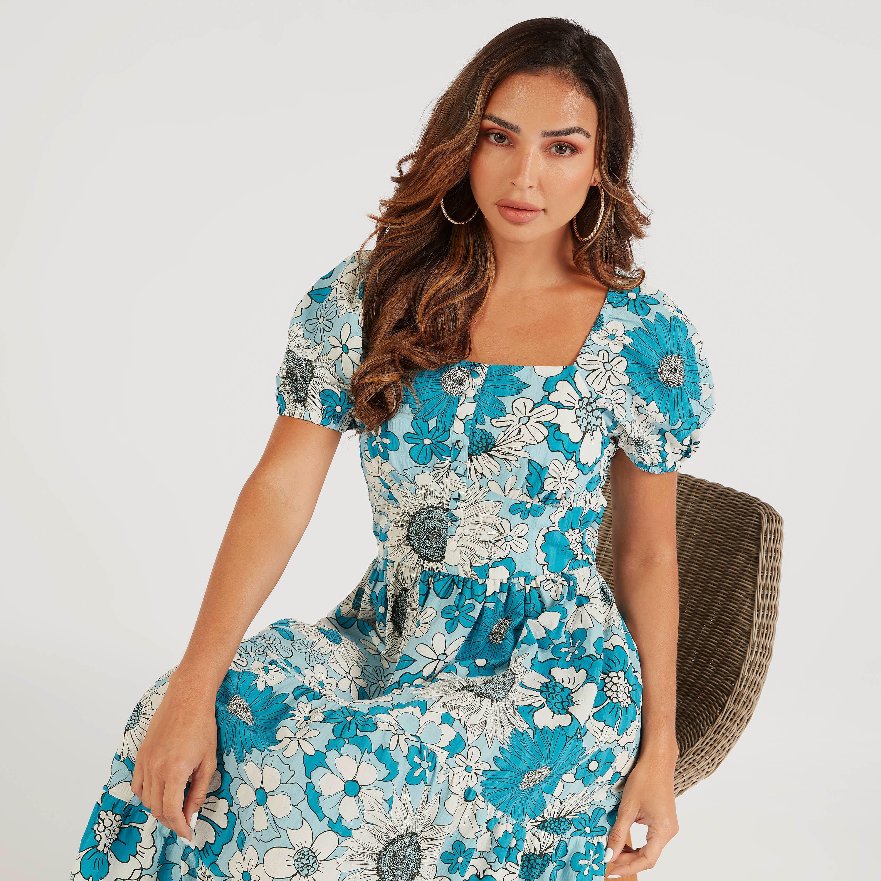 فستان ميدي إيه لاين بأكمام قصيرة وطبعات زهرية-women-clothing-dresses-image-5