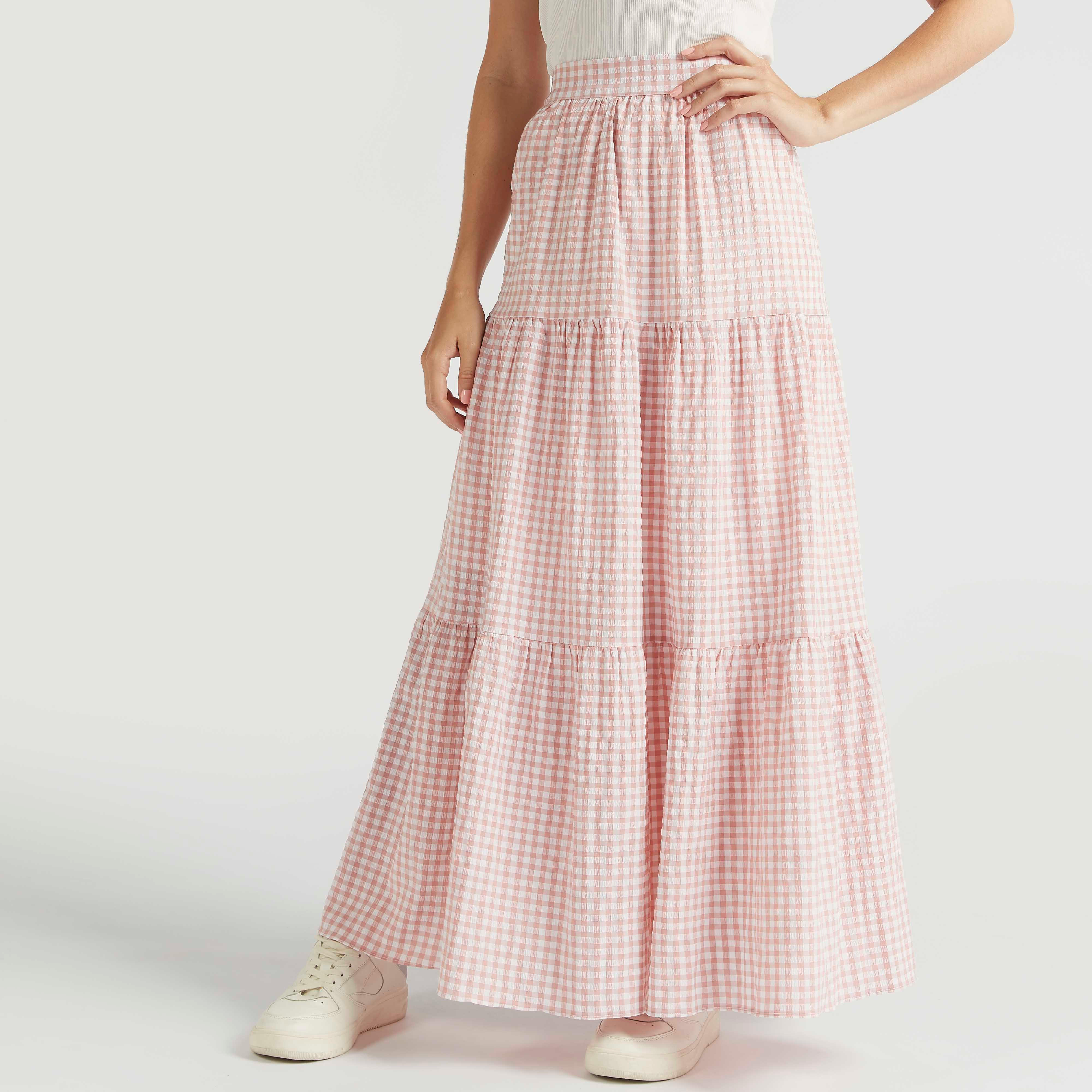 تنّورة طويلة إيه لاين كاروهات متعدّدة الطبقات بخصر مطّاطي-women-clothing-bottoms-skirts-image-1