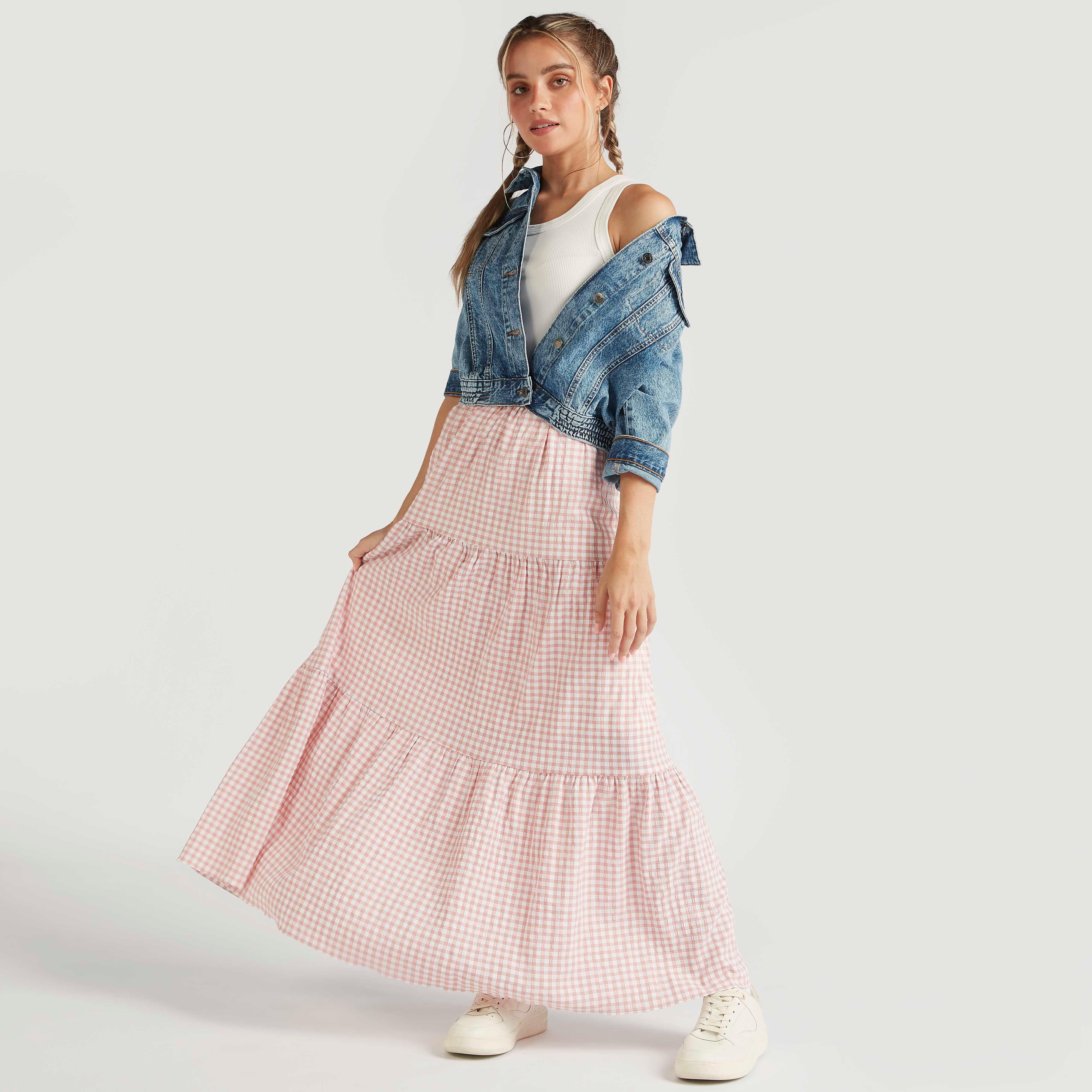 تنّورة طويلة إيه لاين كاروهات متعدّدة الطبقات بخصر مطّاطي-women-clothing-bottoms-skirts-image-2