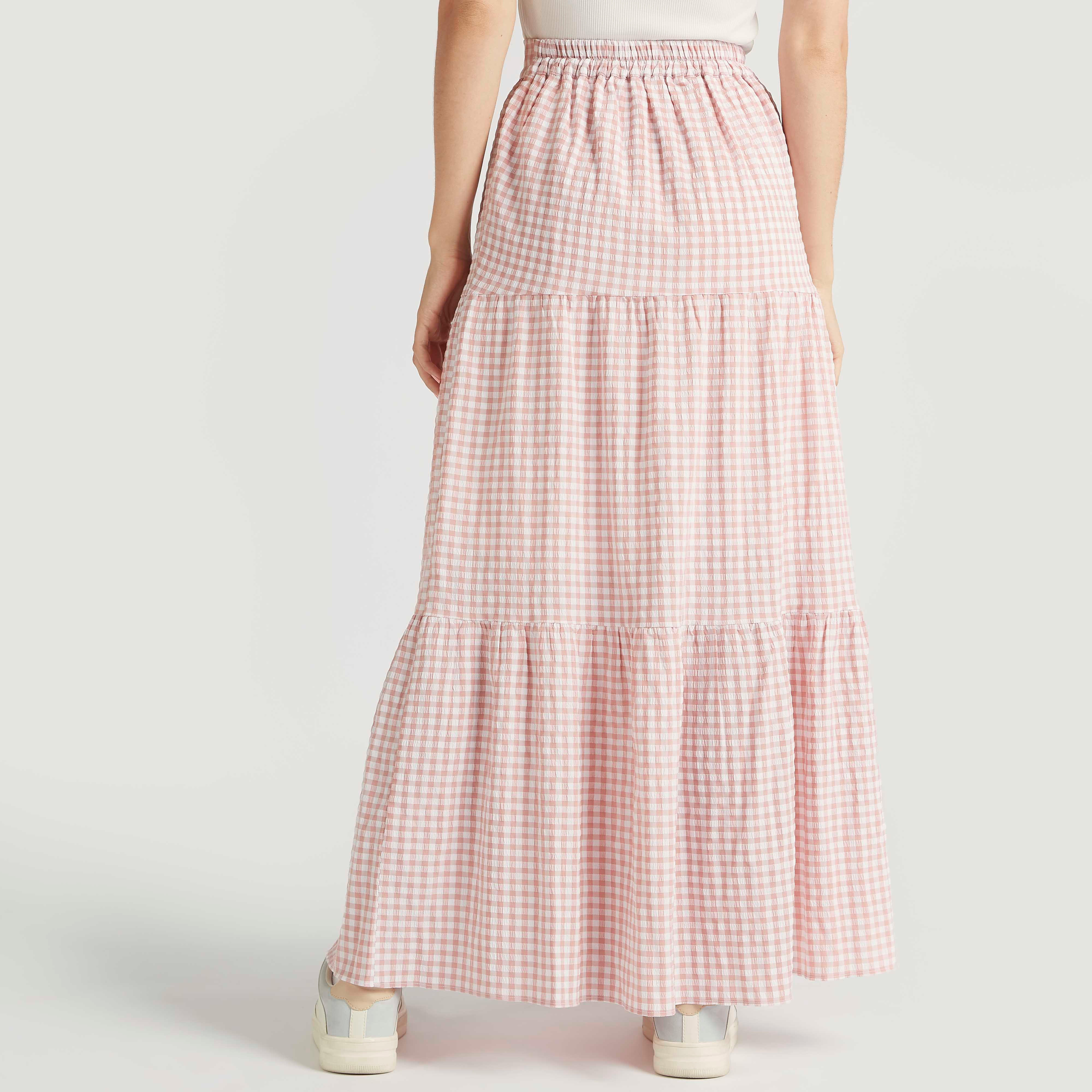 تنّورة طويلة إيه لاين كاروهات متعدّدة الطبقات بخصر مطّاطي-women-clothing-bottoms-skirts-image-4