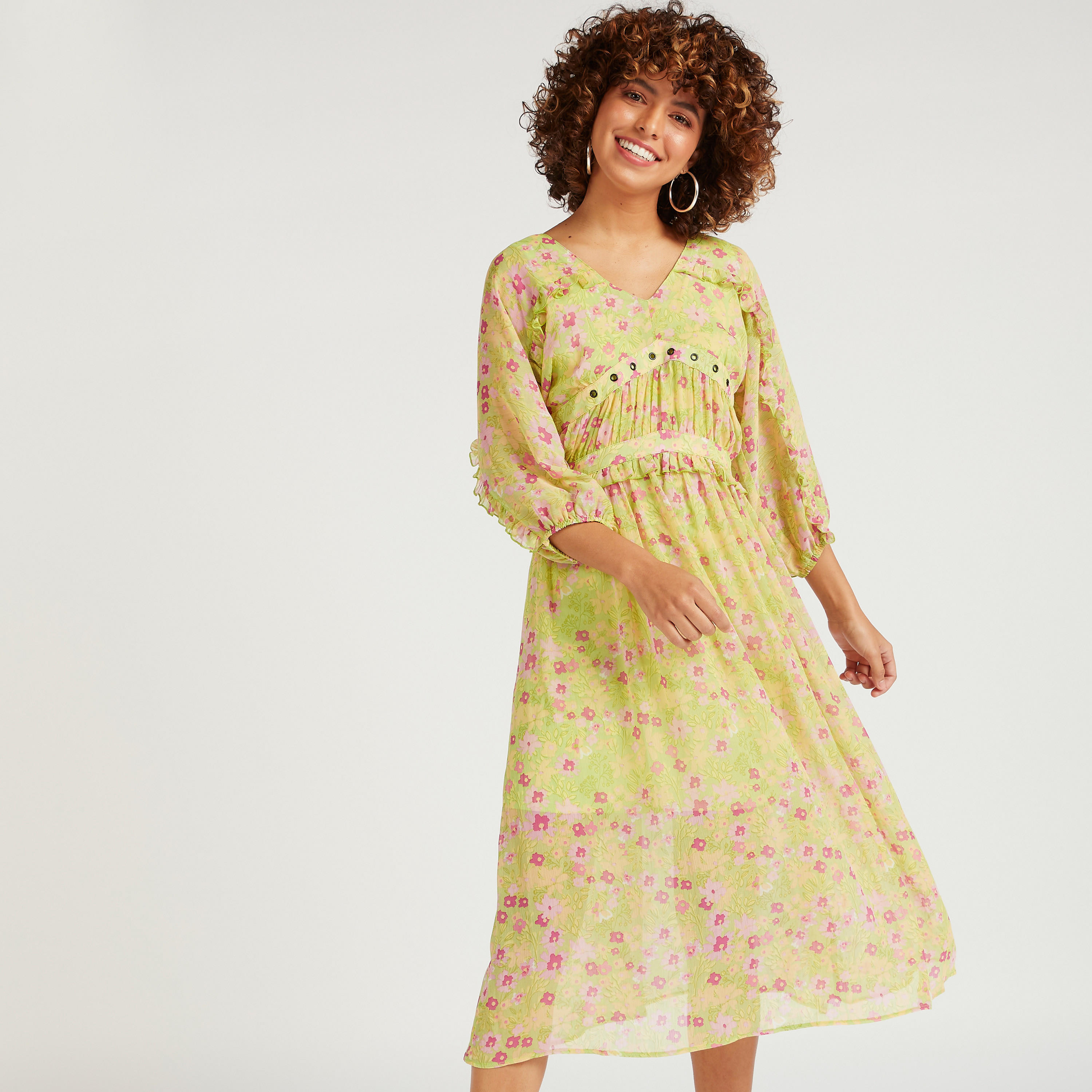 فستان ميدي بياقة V وأكمام 3/4 وطبعات زهرية-women-clothing-dresses-image-1