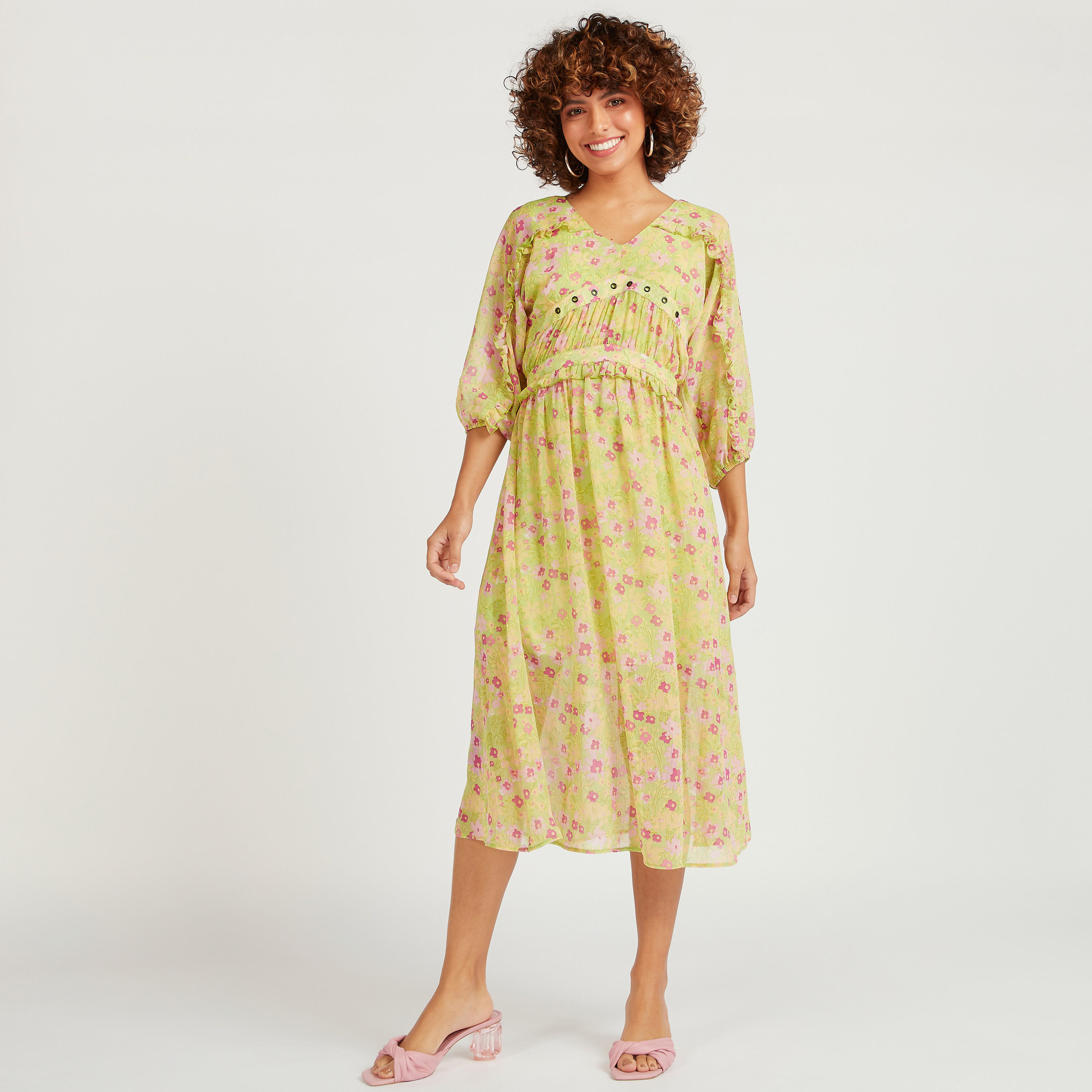 فستان ميدي بياقة V وأكمام 3/4 وطبعات زهرية-women-clothing-dresses-image-6