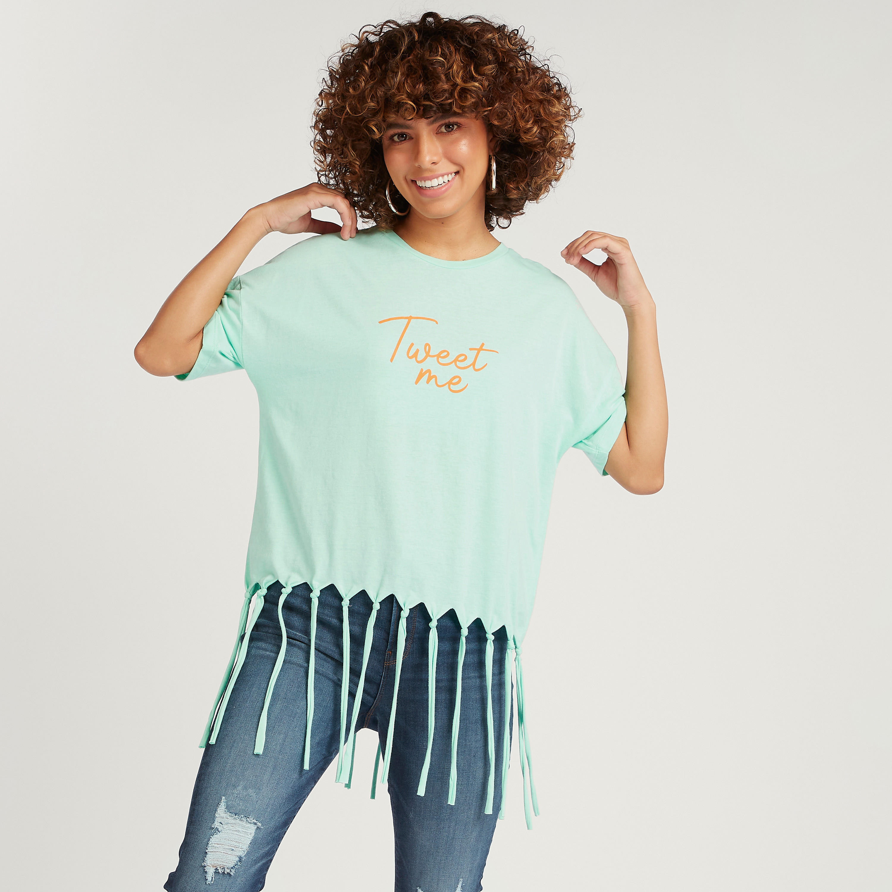 Printed Crew Neck T-shirt with Short Sleeves and Fringes-women-clothing-tshirts-image-1