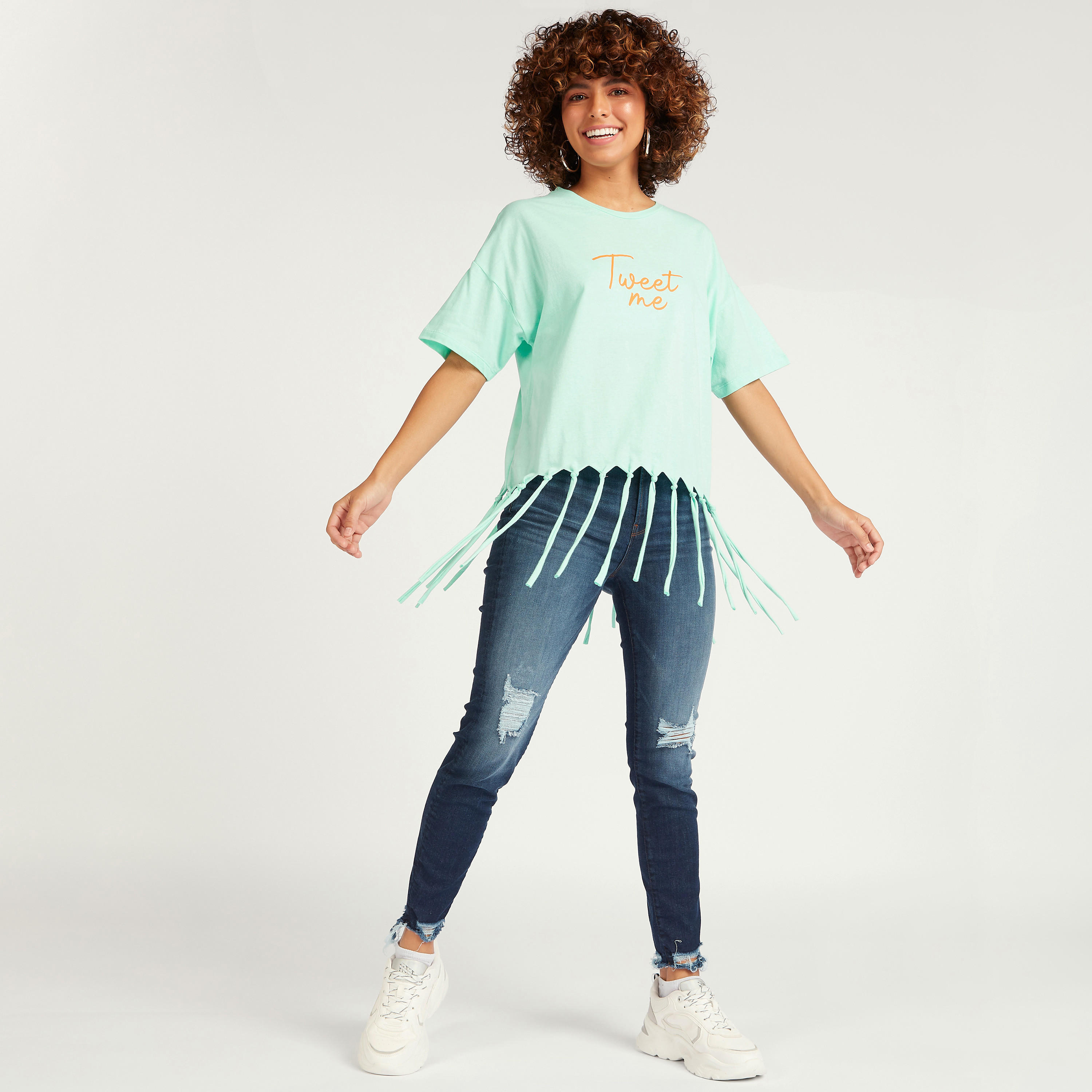 Printed Crew Neck T-shirt with Short Sleeves and Fringes-women-clothing-tshirts-image-2
